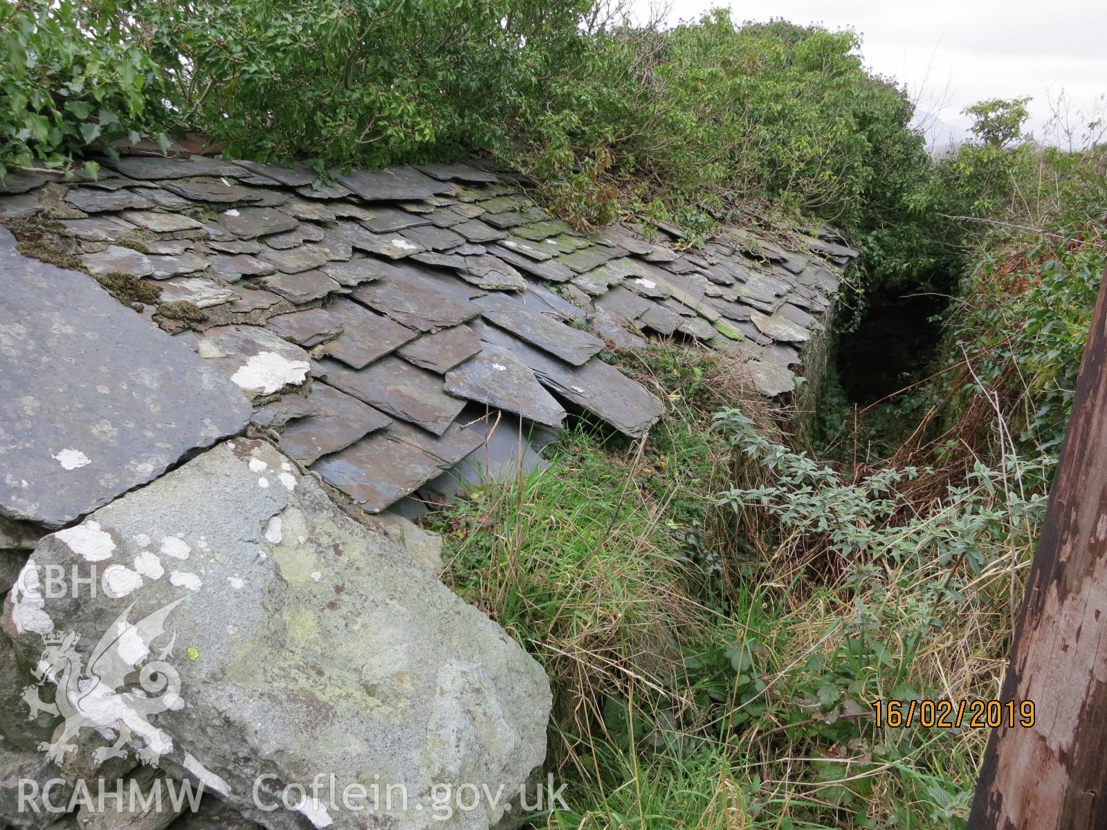 Exterior roof of the pigsty at Pencerrig Pellaf, Ffordd Uchaf, Harlech. Photographed by Kimberley Urch as part of photographic survey for planning application (ref. no. NP5/61/LB446A Snowdonia National Park Authority).