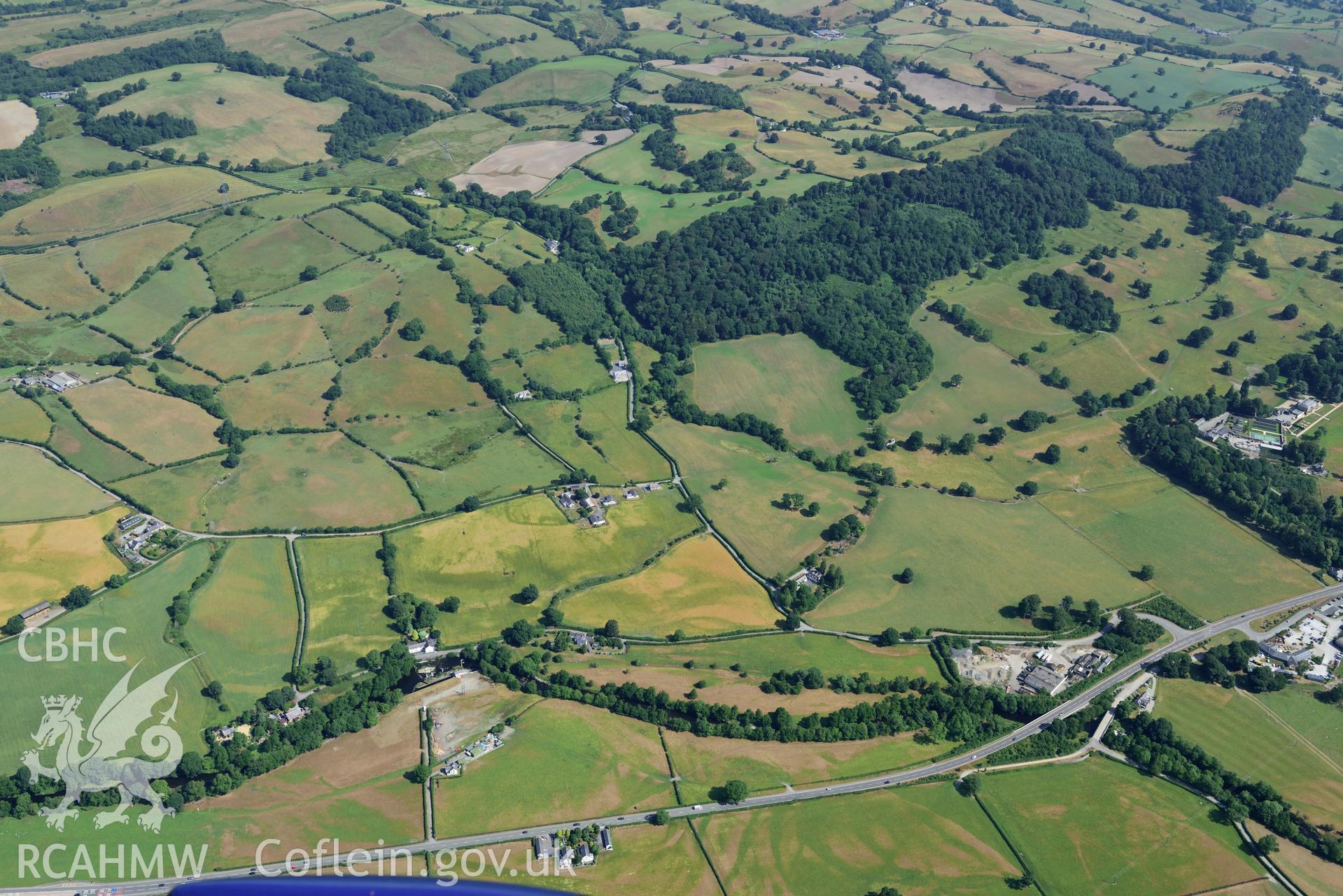 Royal Commission aerial photography of Plas Adda defended enclosure cropmarks taken on 19th July 2018 during the 2018 drought.