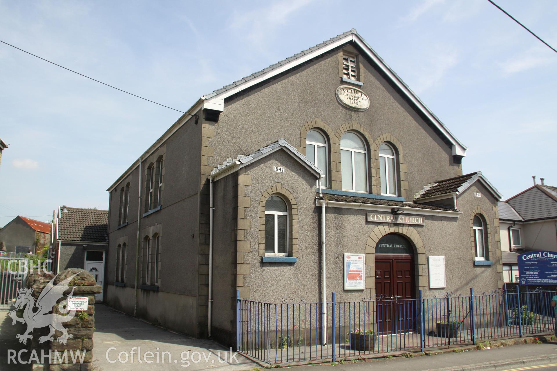 Digital colour photograph showing exterior of former Bethel English Baptist Chapel, now Central Ecumenical Church on Church Street, Maesteg. Photographed during survey conducted by Sue Fielding, 20th June 2017.