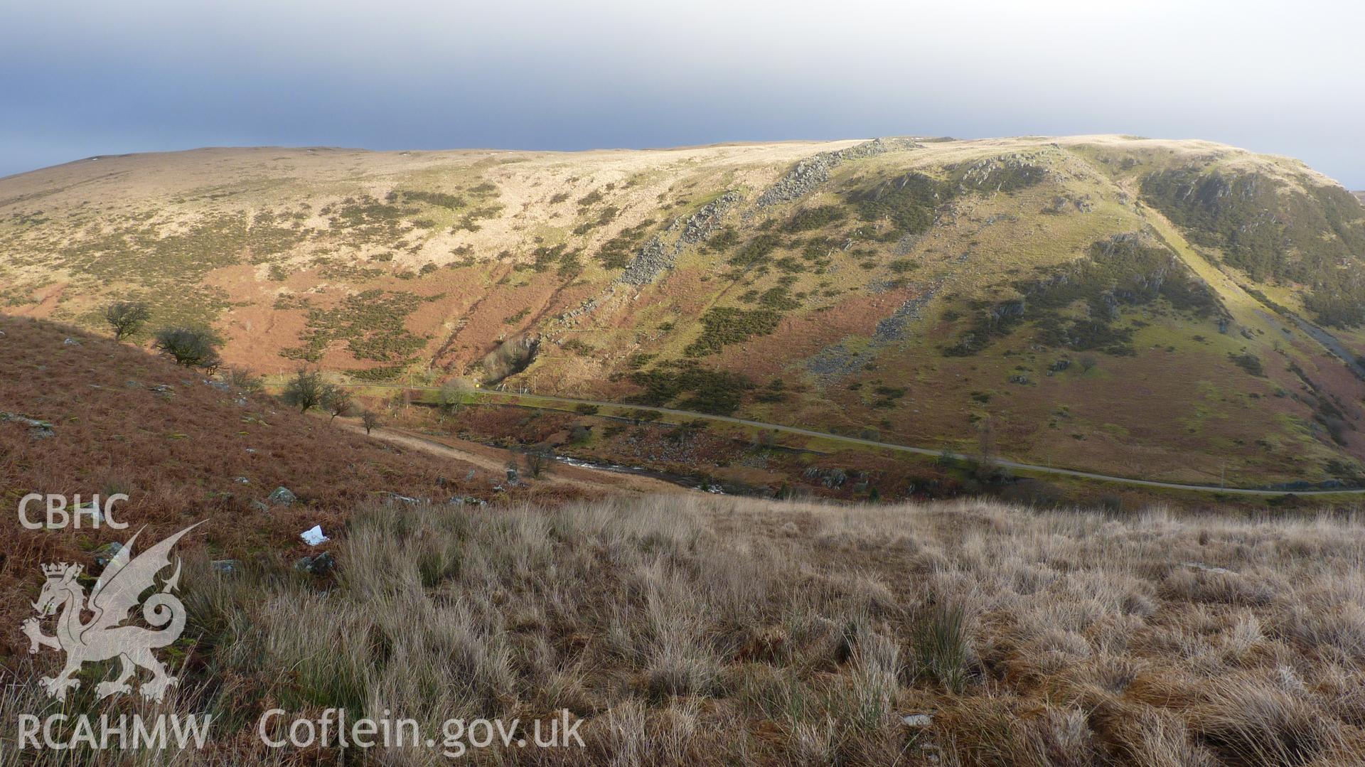 View from Cerrig Llwydion deserted rural settlement, looking north east towards penstock route. Photographed for Archaeological Desk Based Assessment of Afon Claerwen, Elan Valley, Rhayader. Assessment by Archaeology Wales in 2017-18. Project no. 2573.