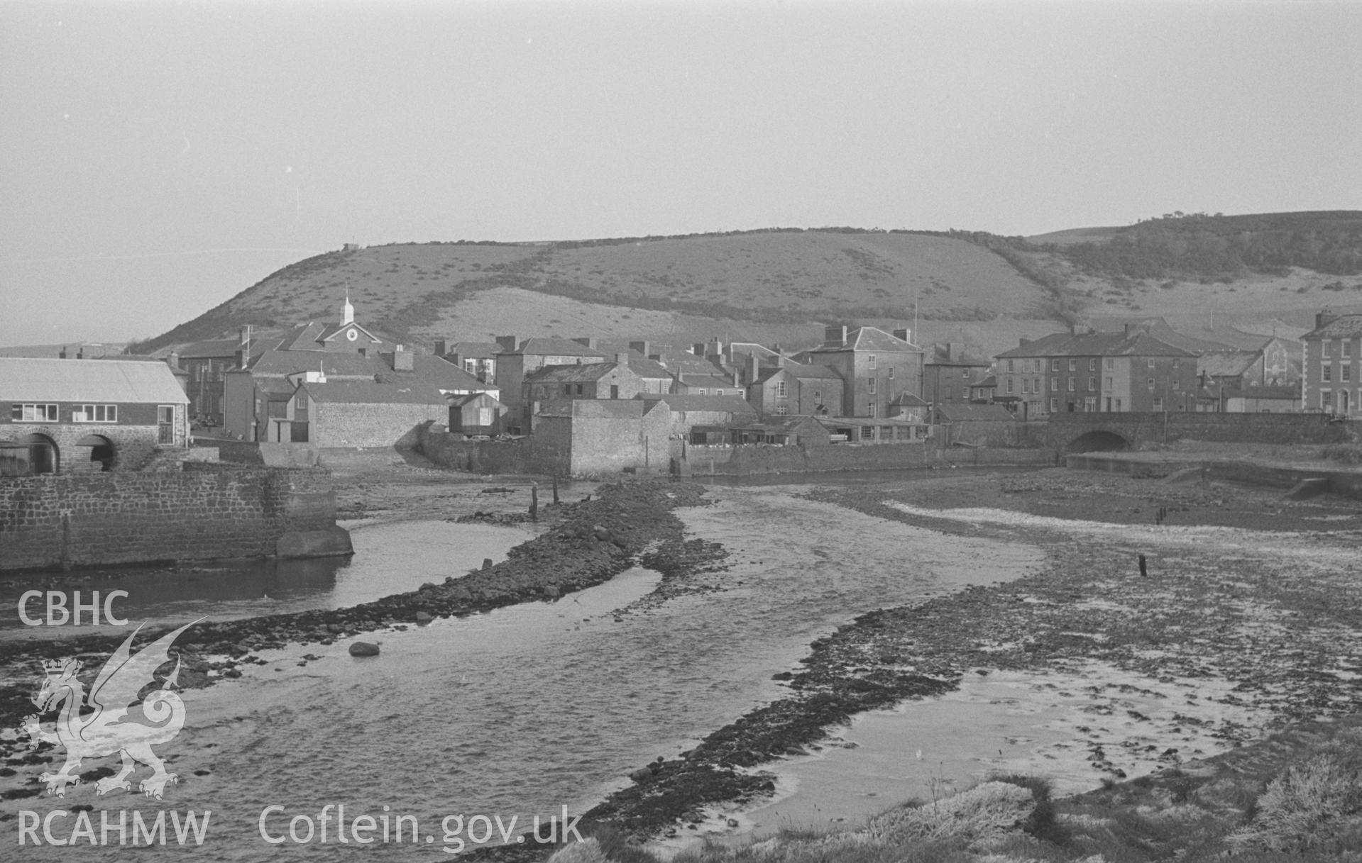 Black and White photograph showing view across the upper part of the harbour at Aberaeron. Photographed by Arthur Chater in December 1962, from Grid Reference SN 4561 6285, looking east.