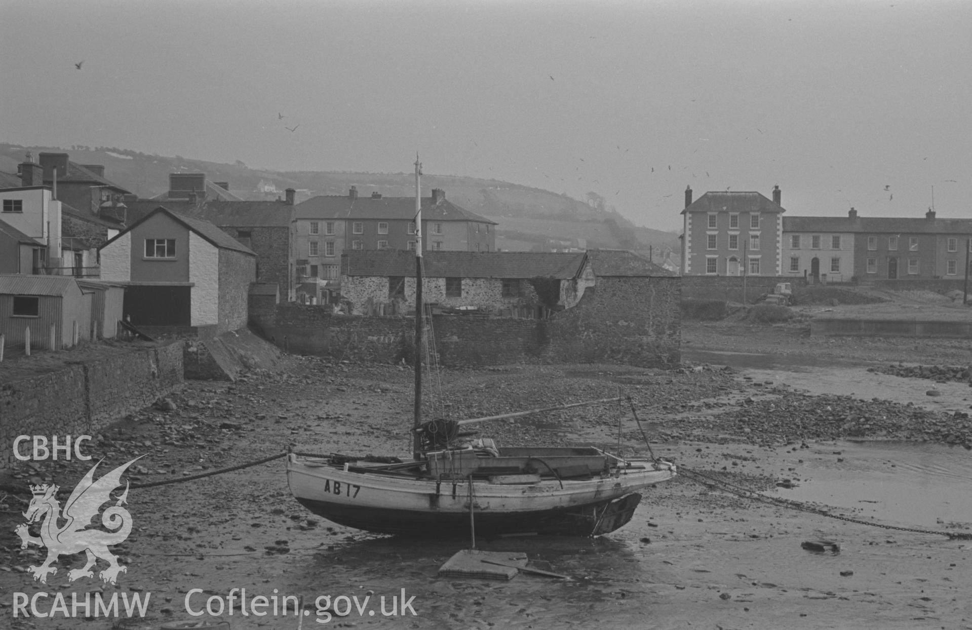 Black and White photograph showing view across Aberaeron Harbour from Cadwgan Place. Photographed by Arthut Chater in February 1963, from Grid Reference SN 4570 6293, looking south east.