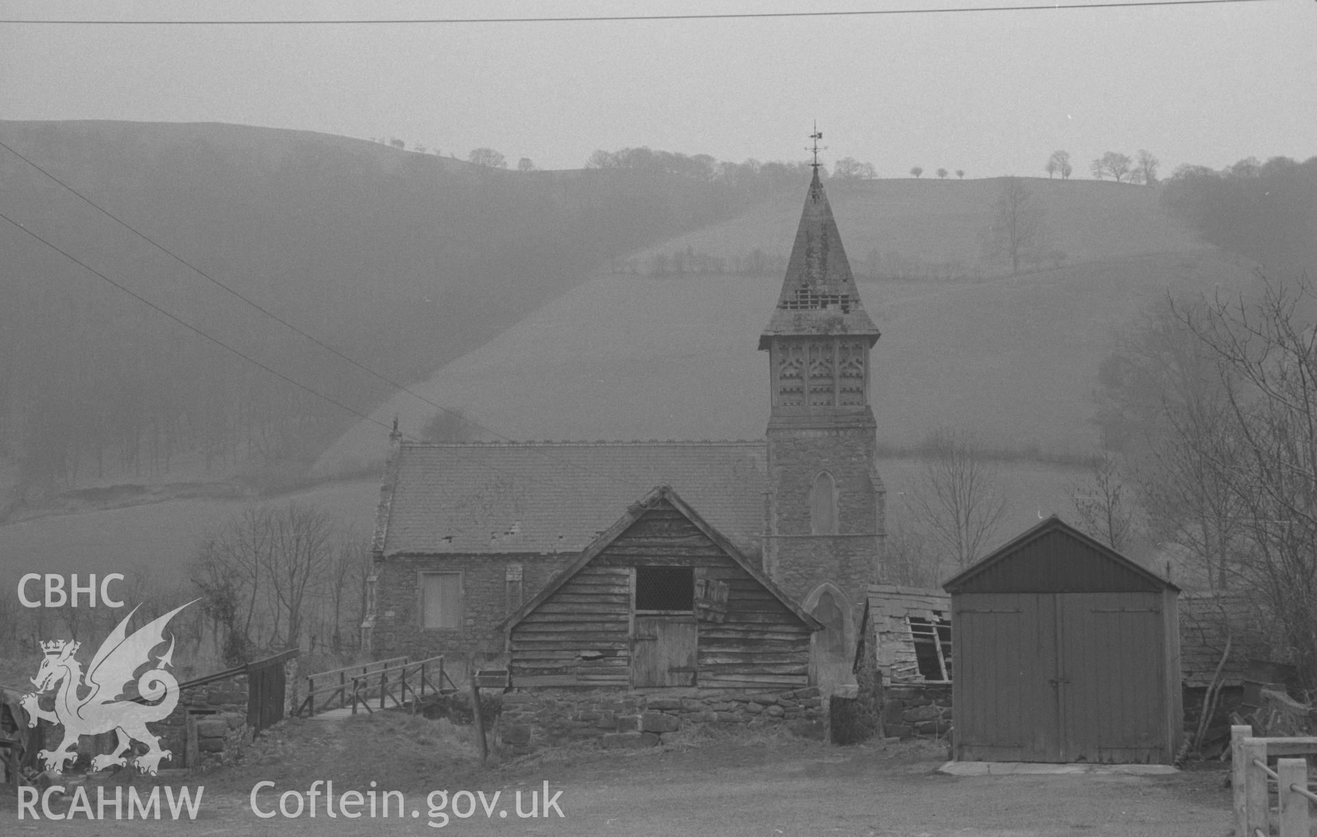 Black and White photograph showing church at Llawr-y-Glyn.