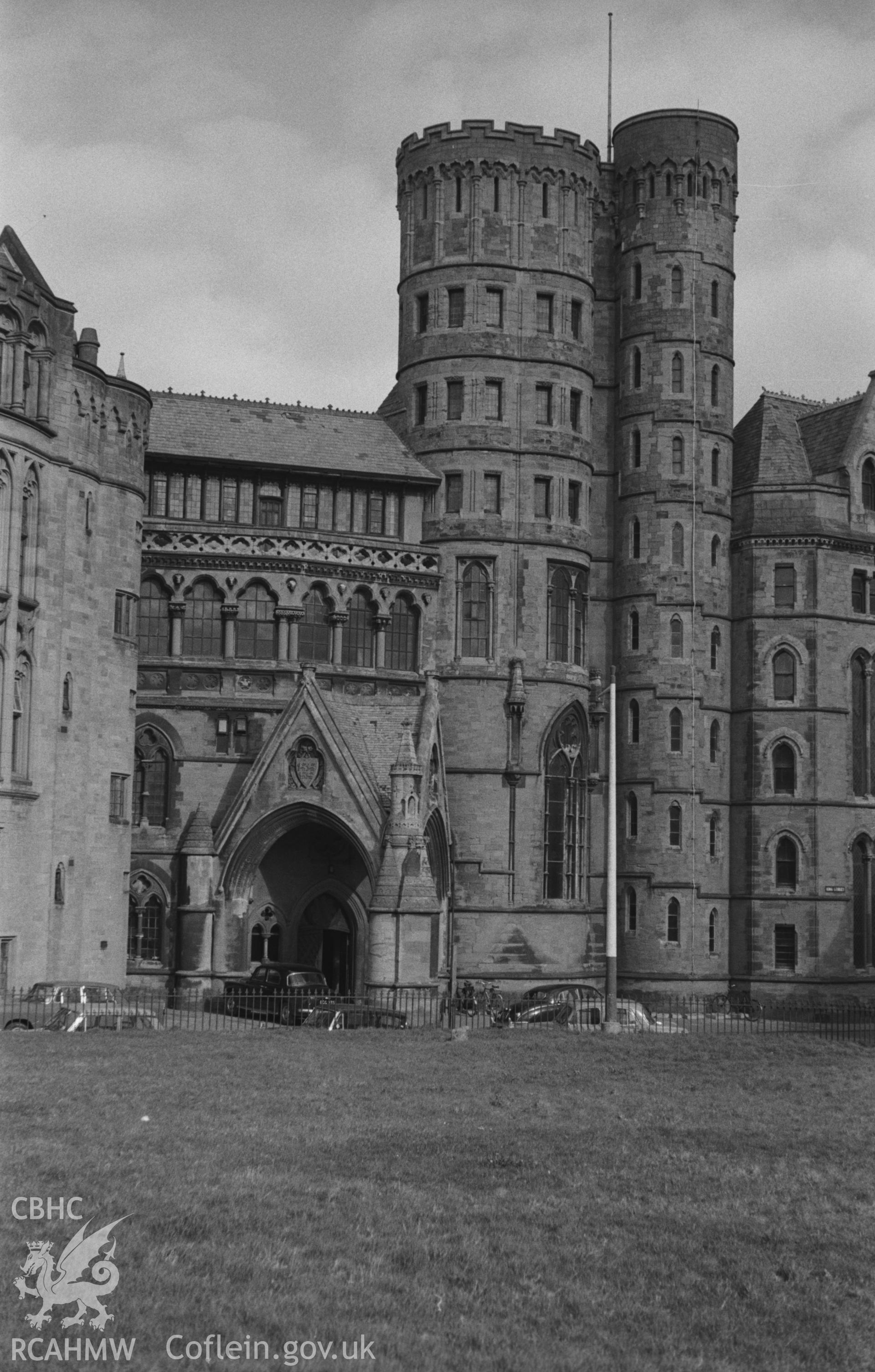 Black and White photograph showing Old College main entrance, Aberystwyth, viewed from churchyard. Photographed by Arthur Chater in March 1961 from Grid Reference SN 5807 8164, looking north.