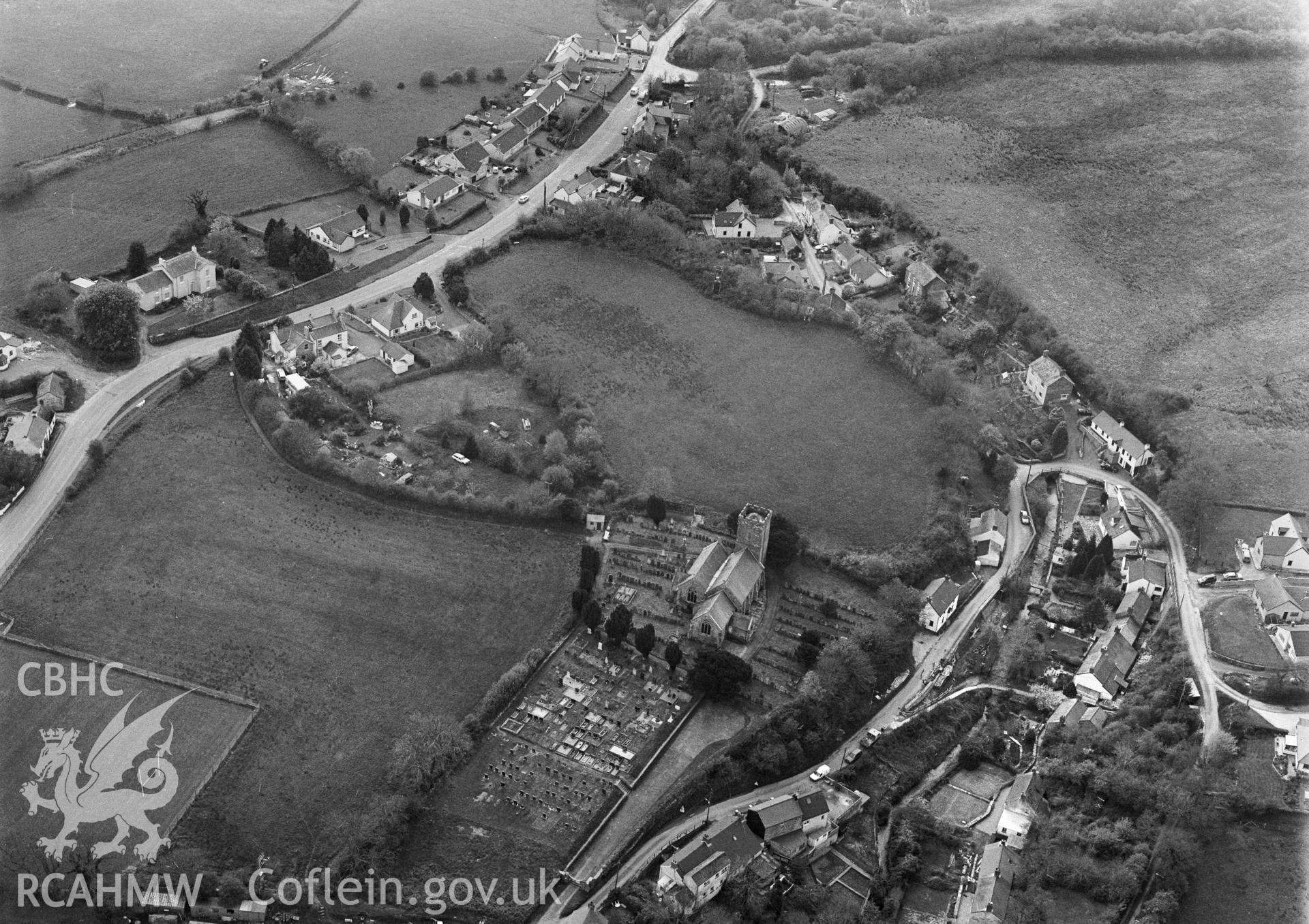 RCAHMW Black and white oblique aerial photograph of St Llawddog's Church, Cilgerran, taken on 27/04/1999 by Toby Driver