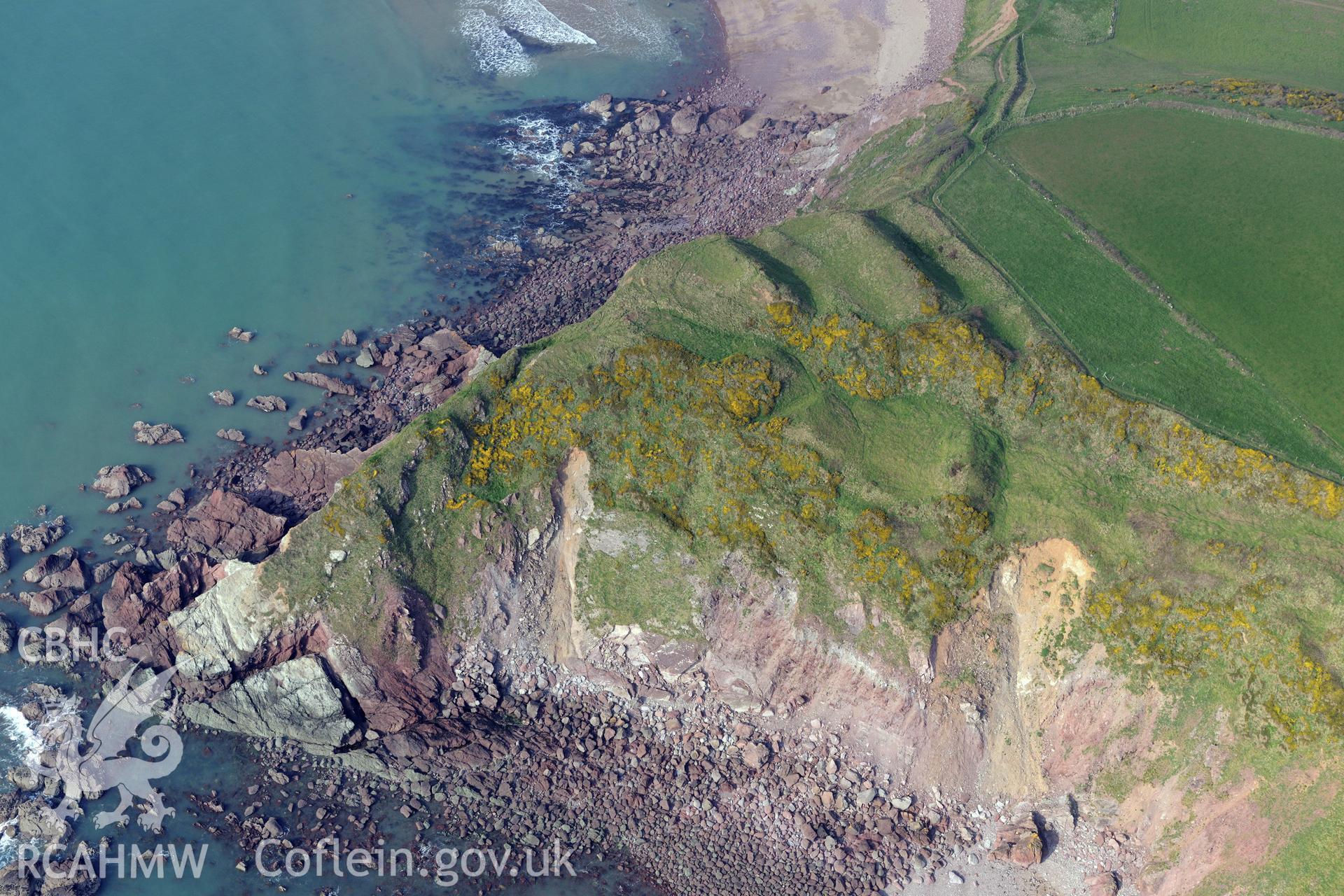 Aerial photography of Great Castle Head taken on 27th March 2017. Baseline aerial reconnaissance survey for the CHERISH Project. ? Crown: CHERISH PROJECT 2017. Produced with EU funds through the Ireland Wales Co-operation Programme 2014-2020. All material made freely available through the Open Government Licence.