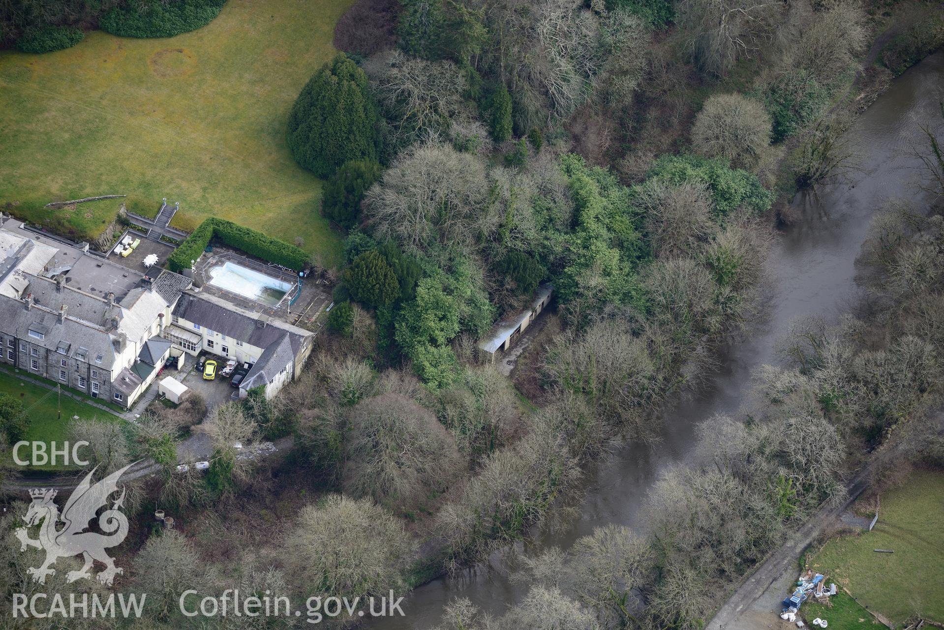 Castell Malgwyn and associated garden, Llechryd, near Cardigan. Oblique aerial photograph taken during the Royal Commission's programme of archaeological aerial reconnaissance by Toby Driver on 13th March 2015.