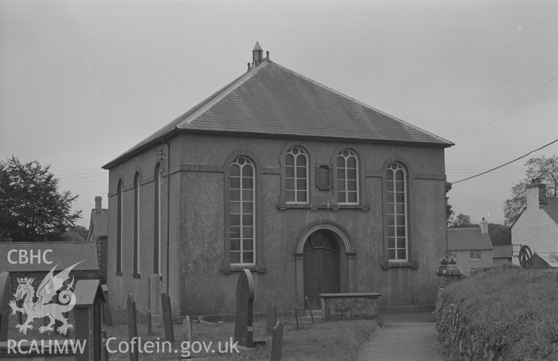 Digital copy of a black and white negative showing external view of Capel Pant-y-Defaid Welsh Unitarian chapel, Pren-Gwyn, Llandysul. Photographed by Arthur O. Chater in September 1966 looking south west from Grid Reference SN 425 442.