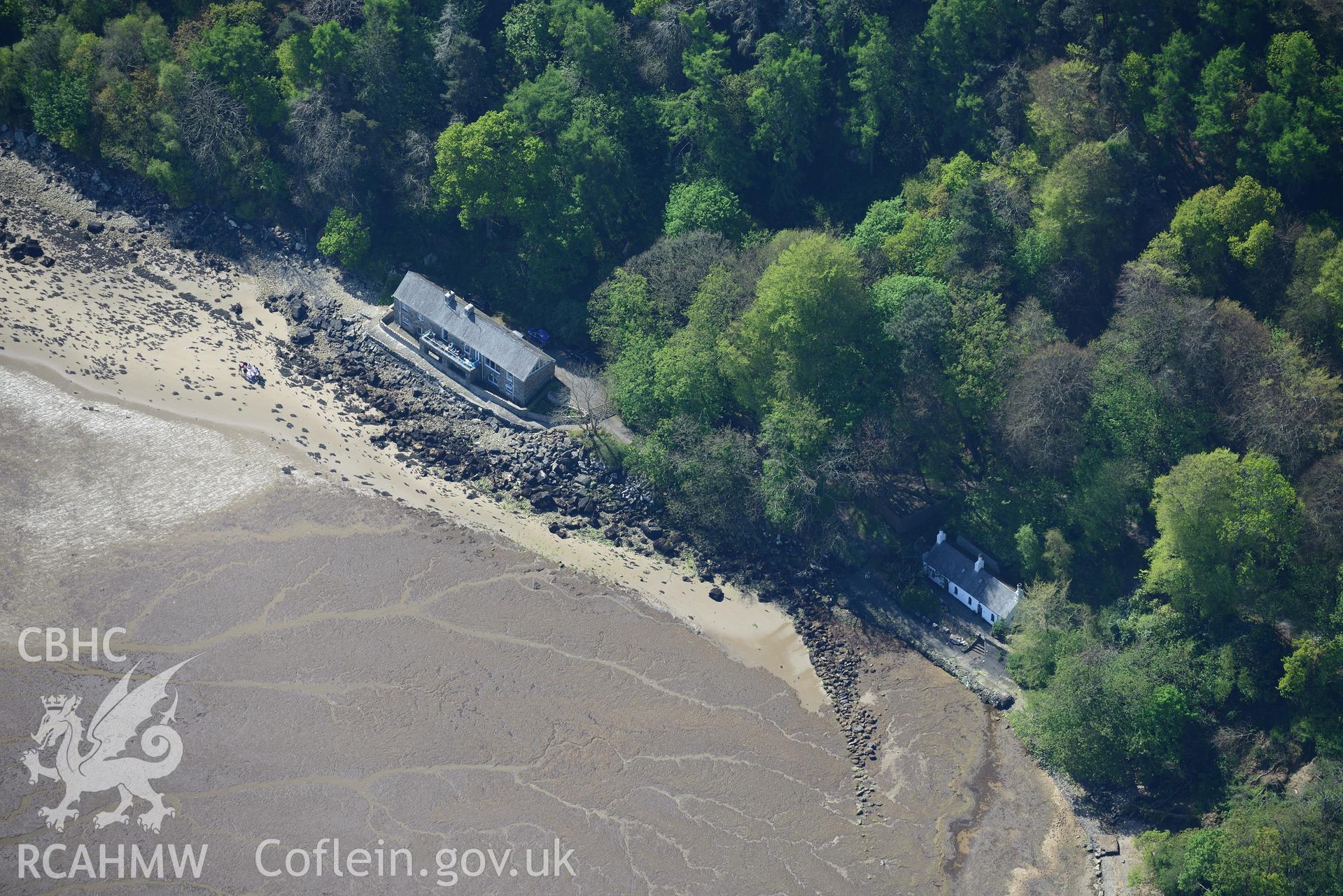 Aerial photography of cottages on Llanbedrog beach taken on 3rd May 2017.  Baseline aerial reconnaissance survey for the CHERISH Project. ? Crown: CHERISH PROJECT 2017. Produced with EU funds through the Ireland Wales Co-operation Programme 2014-2020. Al