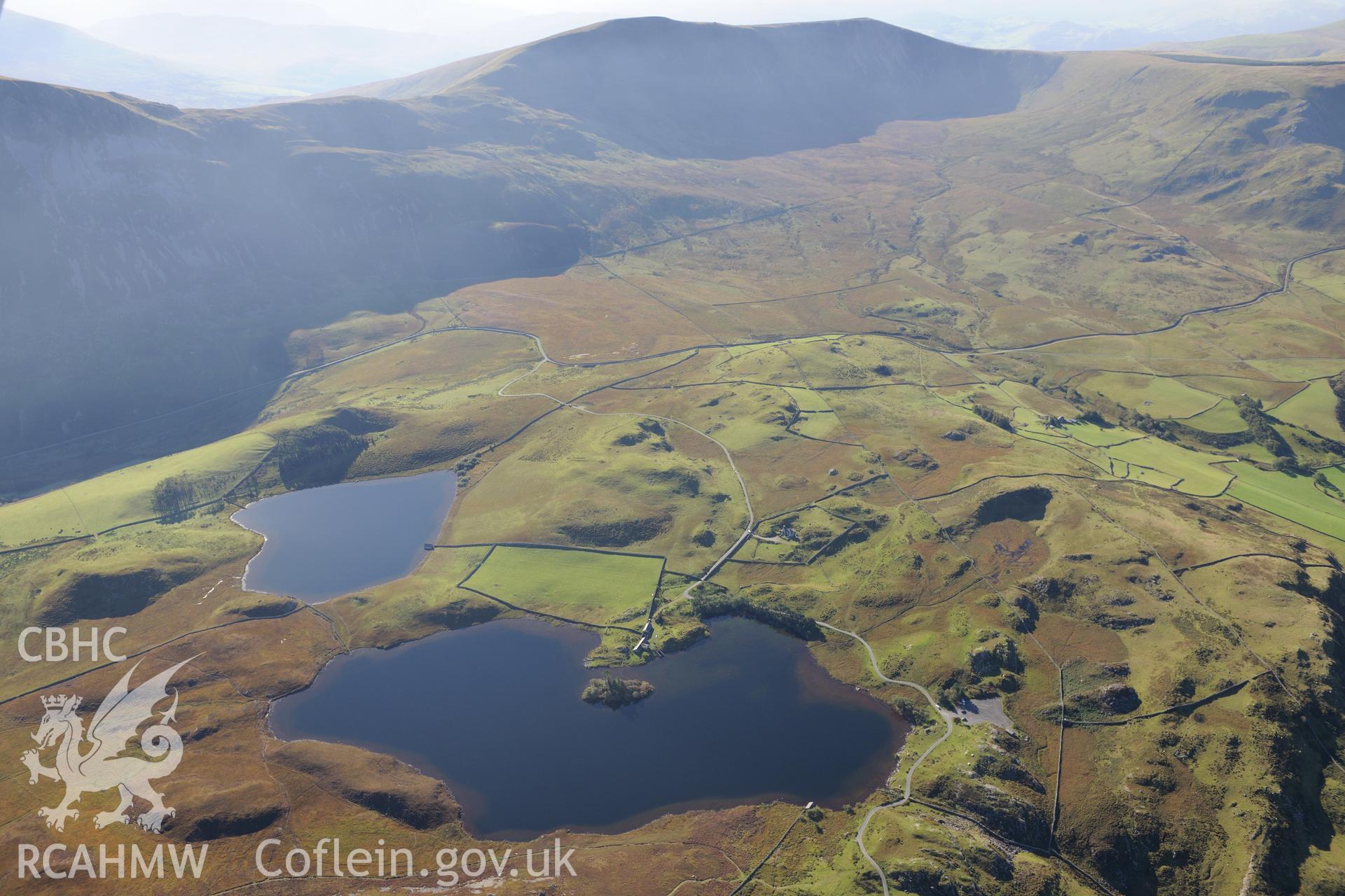 Llynnau Cregennen on the slopes of Cadair Idris. Oblique aerial photograph taken during the Royal Commission's programme of archaeological aerial reconnaissance by Toby Driver on 2nd October 2015.