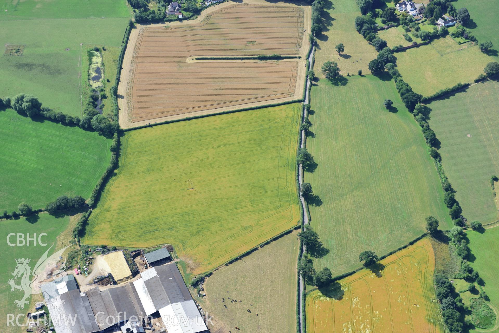 Royal Commission aerial photography of cropmarks of Plas yn Rhal barrow cemetery taken on 19th July 2018 during the 2018 drought.