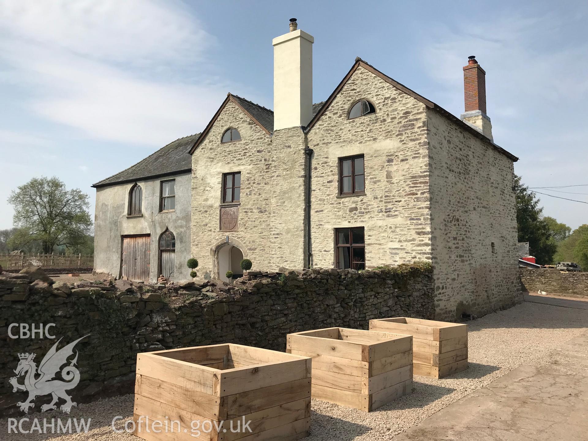 Digital colour photograph showing exterior view of College Farmhouse, Trefecca, Talgarth, taken by Paul R. Davis on 22nd April 2019.