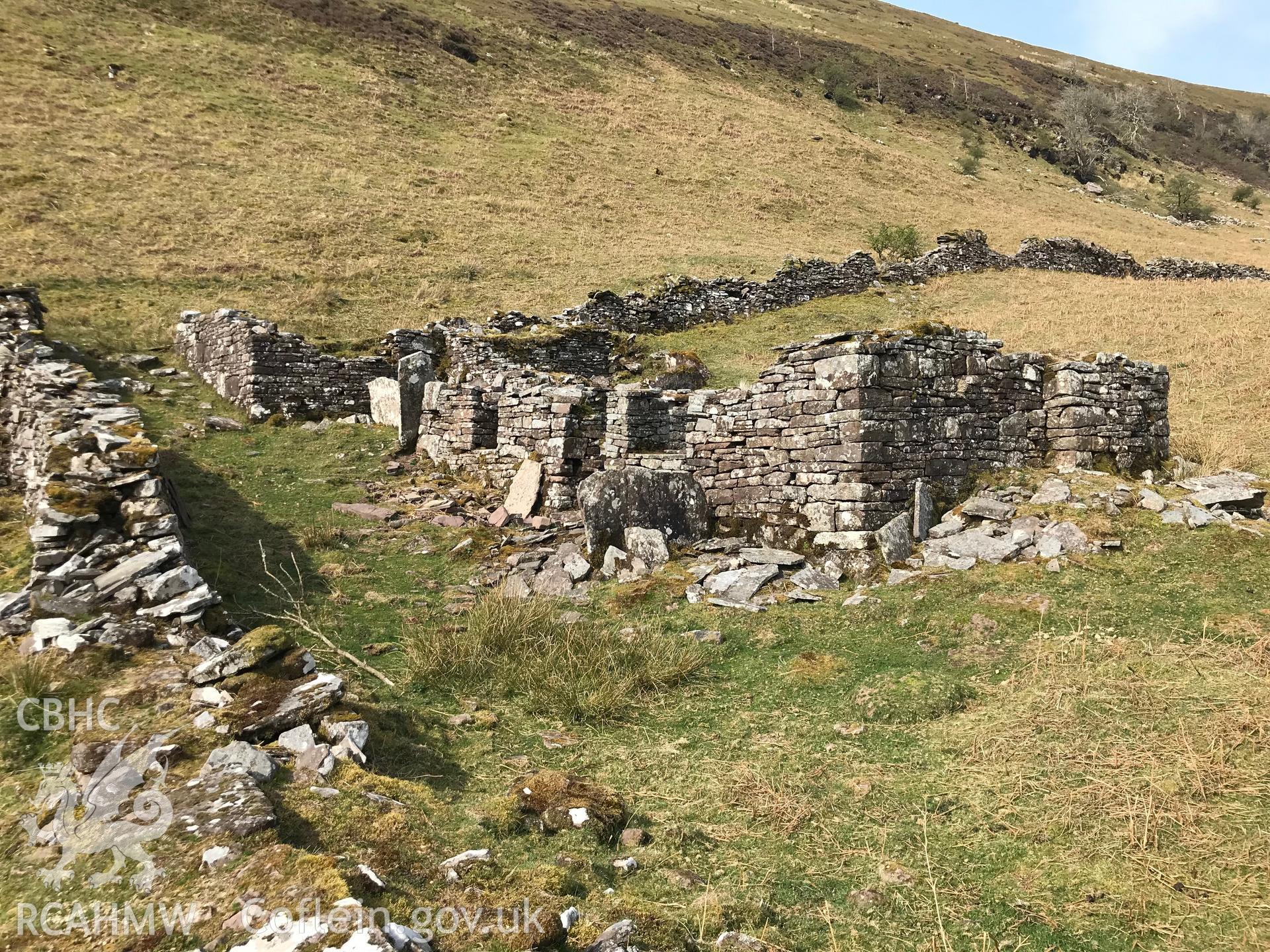 Digital colour photograph showing view of Darren Lwyd deserted farmstead, Llanigon, east of Talgarth, taken by Paul R. Davis on 22nd April 2019.