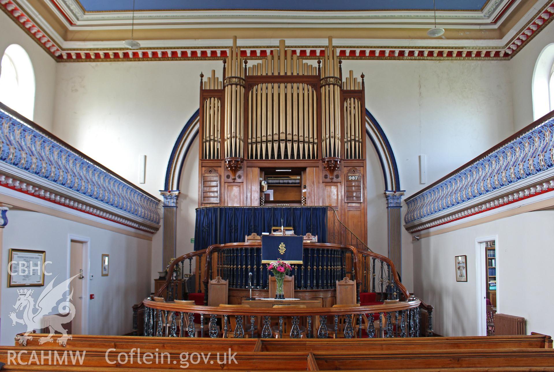Interior view showing organ and pulpit. Photographic survey of Seion Welsh Baptist Chapel, Morriston, conducted by Sue Fielding on 13th May 2017.