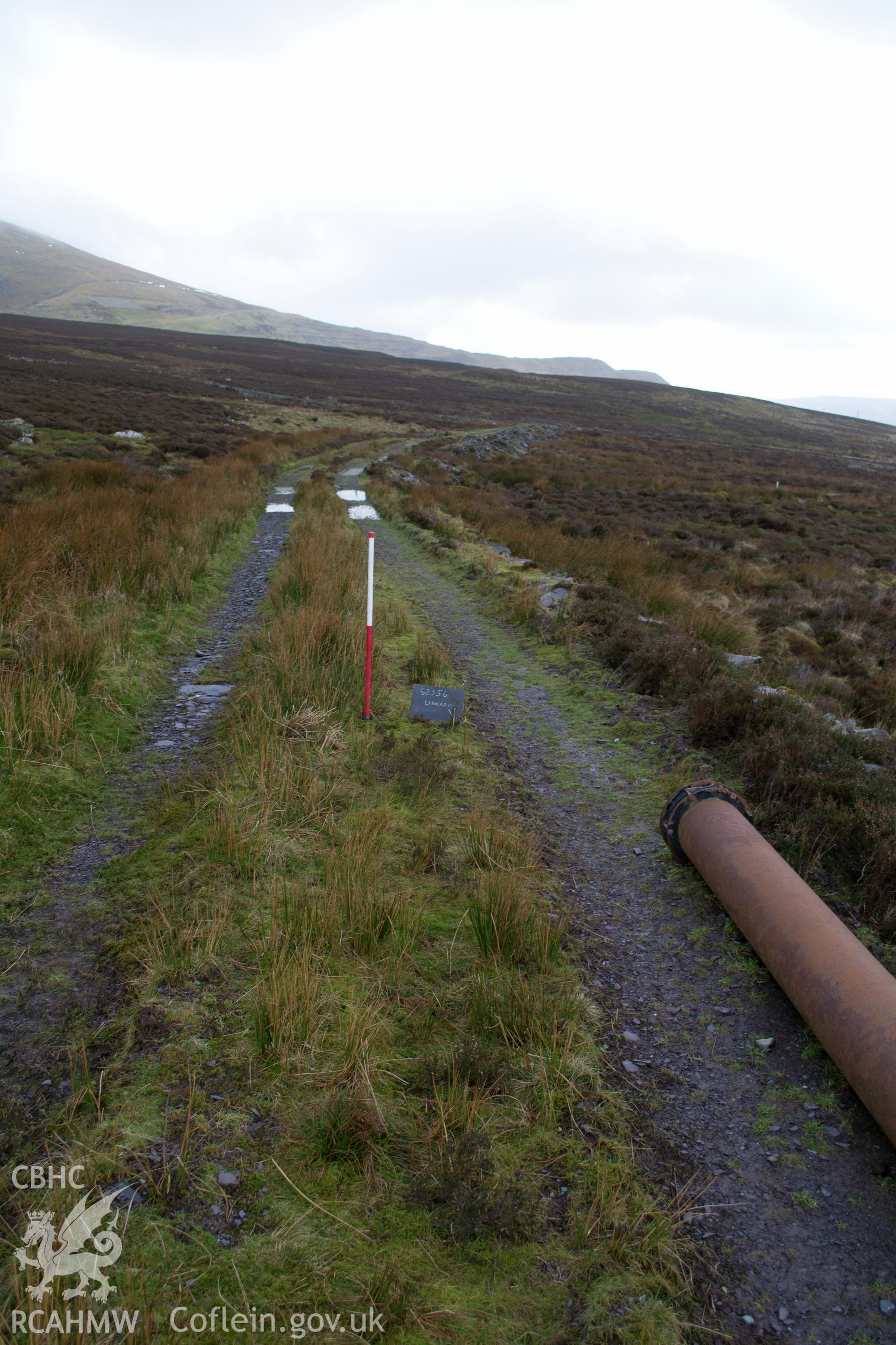 General view from the north north west 'along Linear 02.' Photographed by Gwynedd Archaeological Trust as part of walkover survey of Penrhyn Quarry, Bethesda, on 20th February 2018. Project no. G2556.