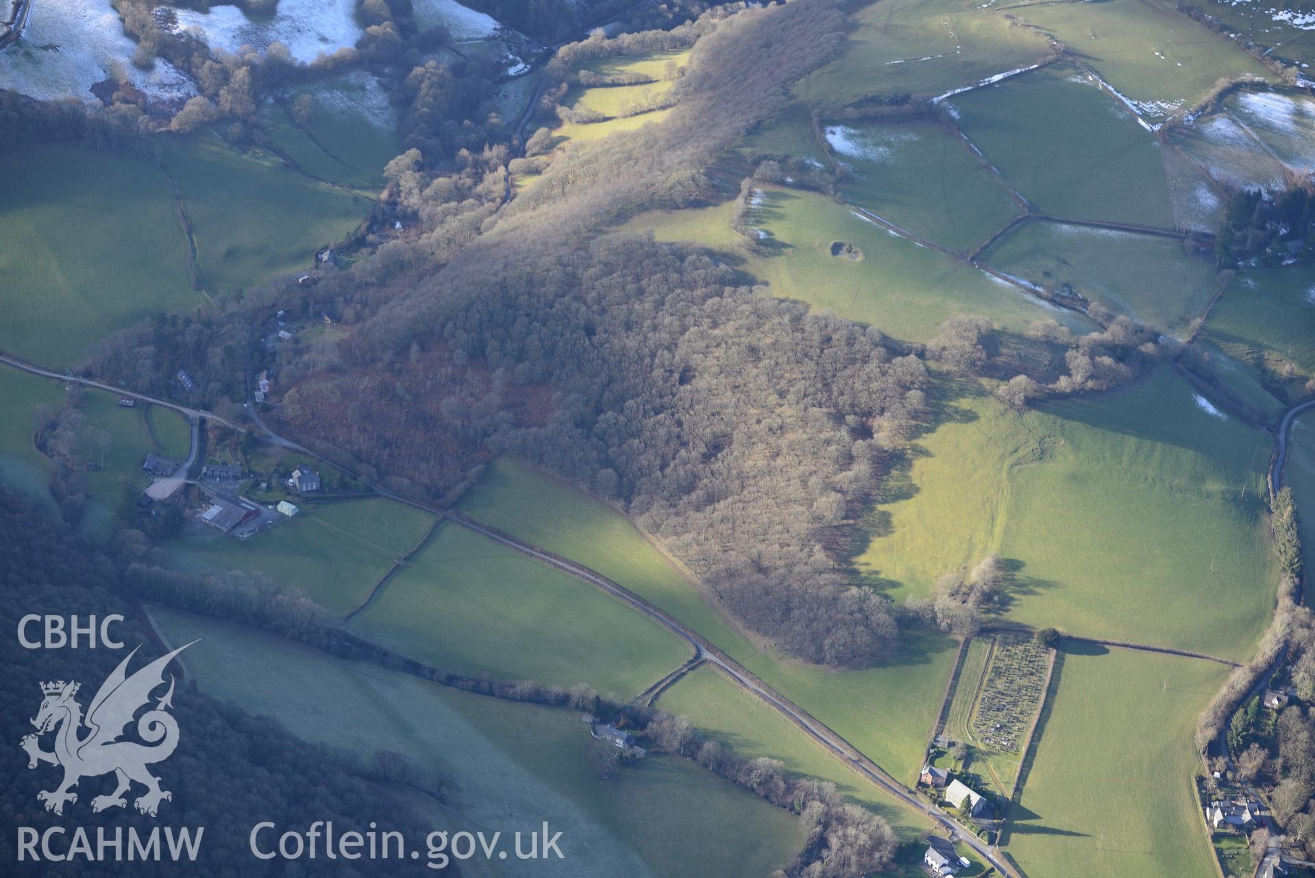 Llawr-y-Glyn Welsh Calvinistic Methodist chapel and Pandy watermill, Llawr-y-Glyn, north of Llanidloes. Oblique aerial photograph taken during the Royal Commission's programme of archaeological aerial reconnaissance by Toby Driver on 4th February 2015.