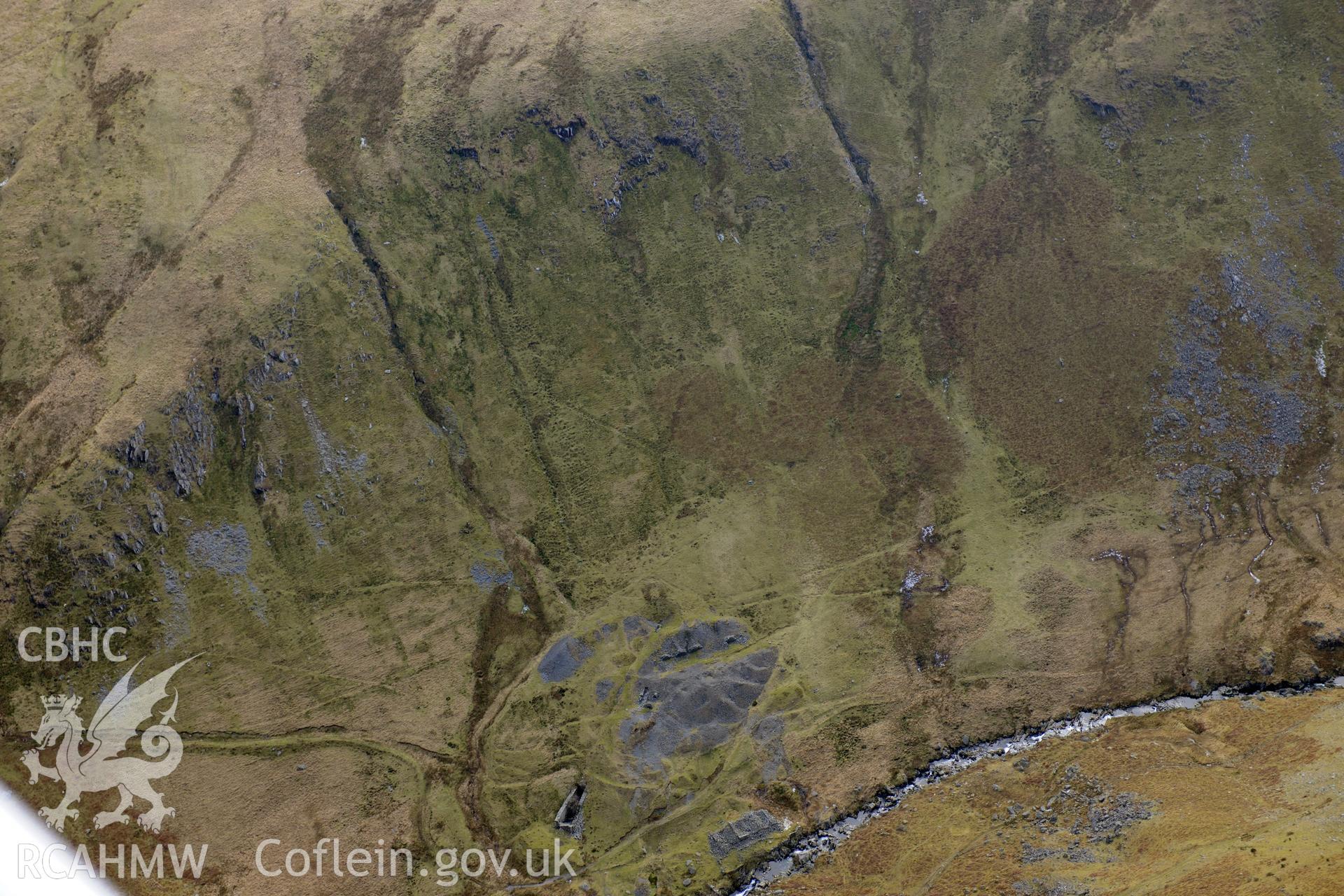 Nantycar copper and lead mine, south west of Rhayader. Oblique aerial photograph taken during the Royal Commission?s programme of archaeological aerial reconnaissance by Toby Driver on 28th February 2013.