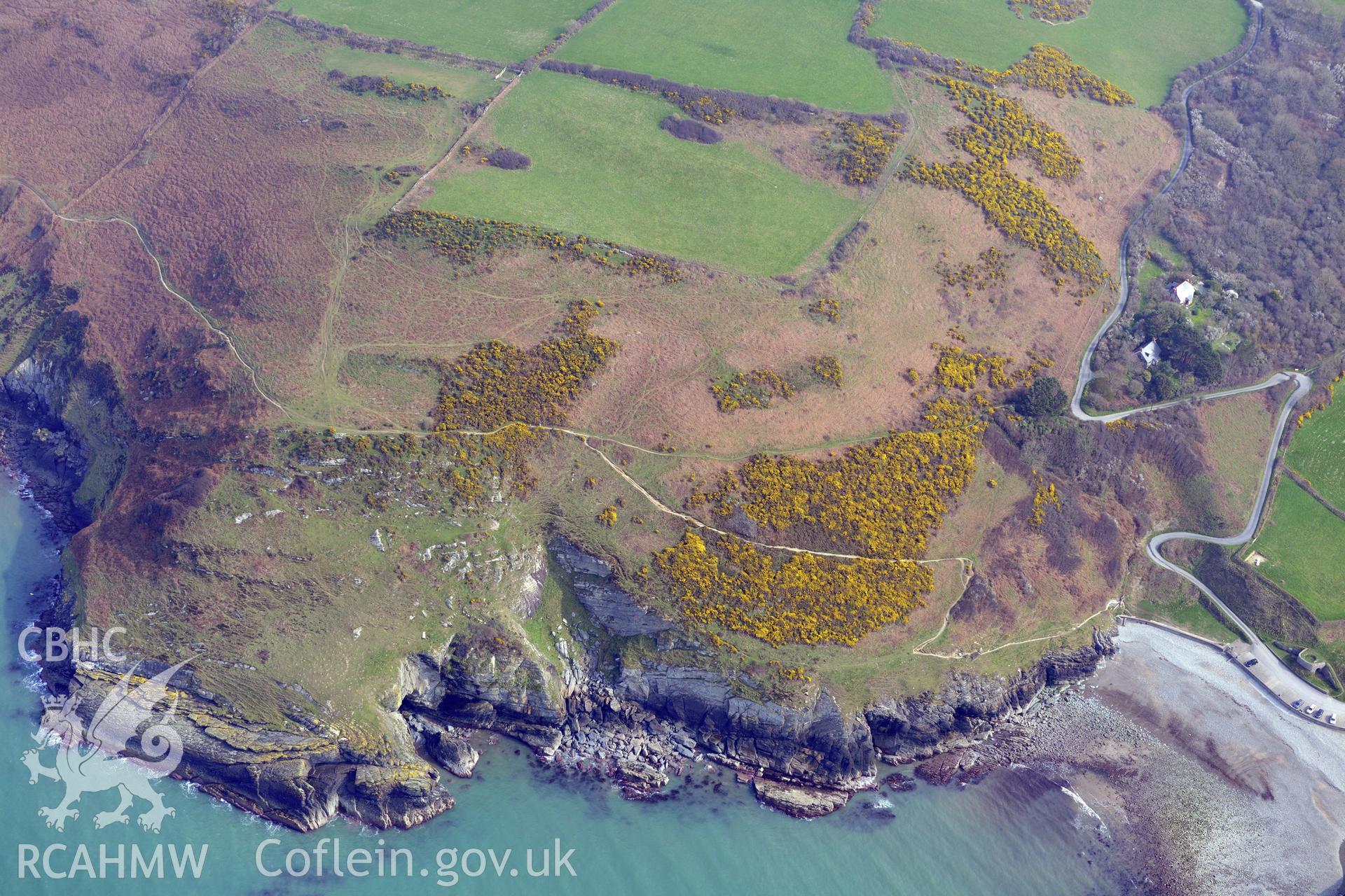 Royal Commission aerial photograph of the limekiln at Cwmtydu taken on 27th March 2017. Baseline aerial reconnaissance survey for the CHERISH Project. ? Crown: CHERISH PROJECT 2017. Produced with EU funds through the Ireland Wales Co-operation Programme 2014-2020. All material made freely available through the Open Government Licence.