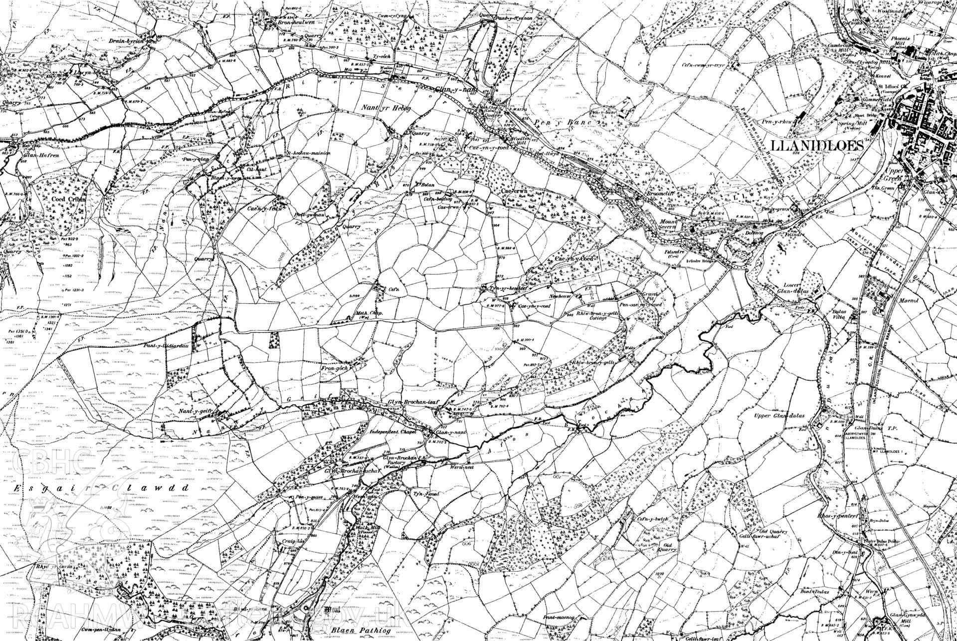 County series first edition map, originally published in 1890. Included in material associated with archaeological building survey of The Old Sawmill, Llanidloes, Powys, conducted by Archaeology Wales, 2018. Project no. 2583. Report no. 1645.