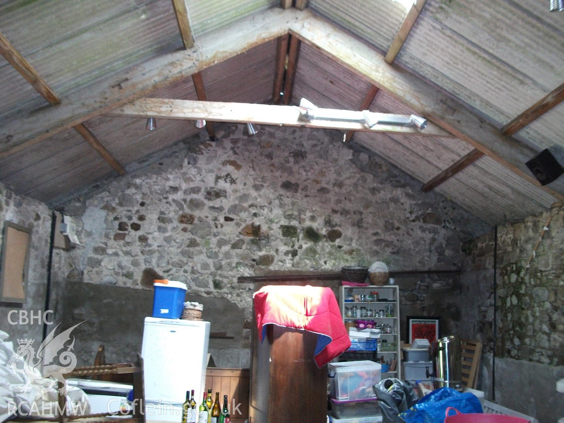 Photograph showing interior of 'ale and pail barn,' at Pant-y-Castell, Maesybont, Photographed by Mark Waghorn to meet a condition attached to planning application.