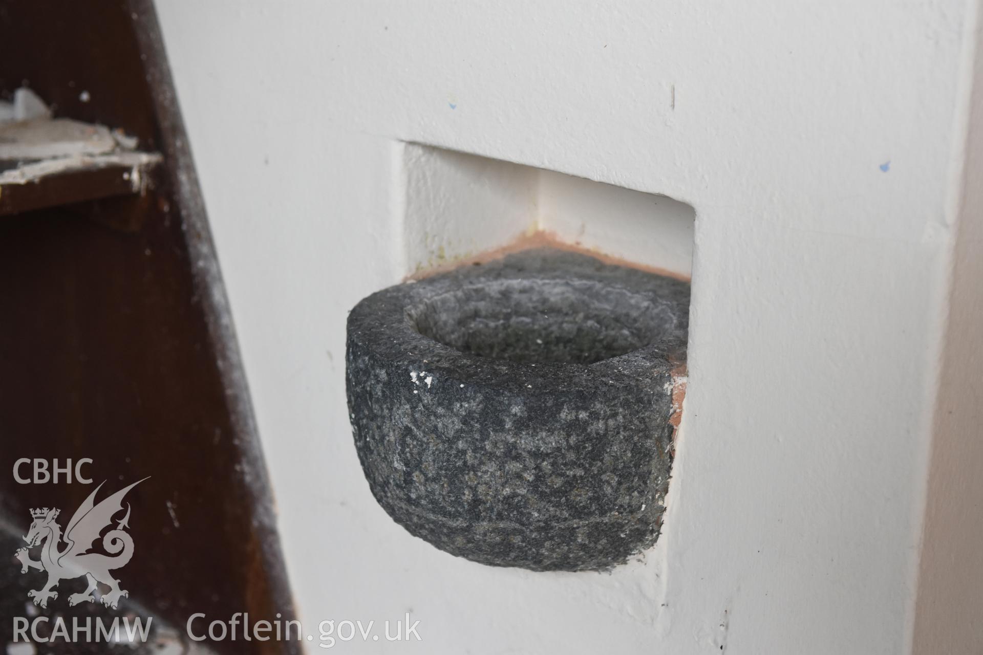 Detailed view of stone container at the Catholic Church of the Holy Spirit, Criccieth. Photographed during survey conducted by Sue Fielding for the RCAHMW, 21st January 2019.