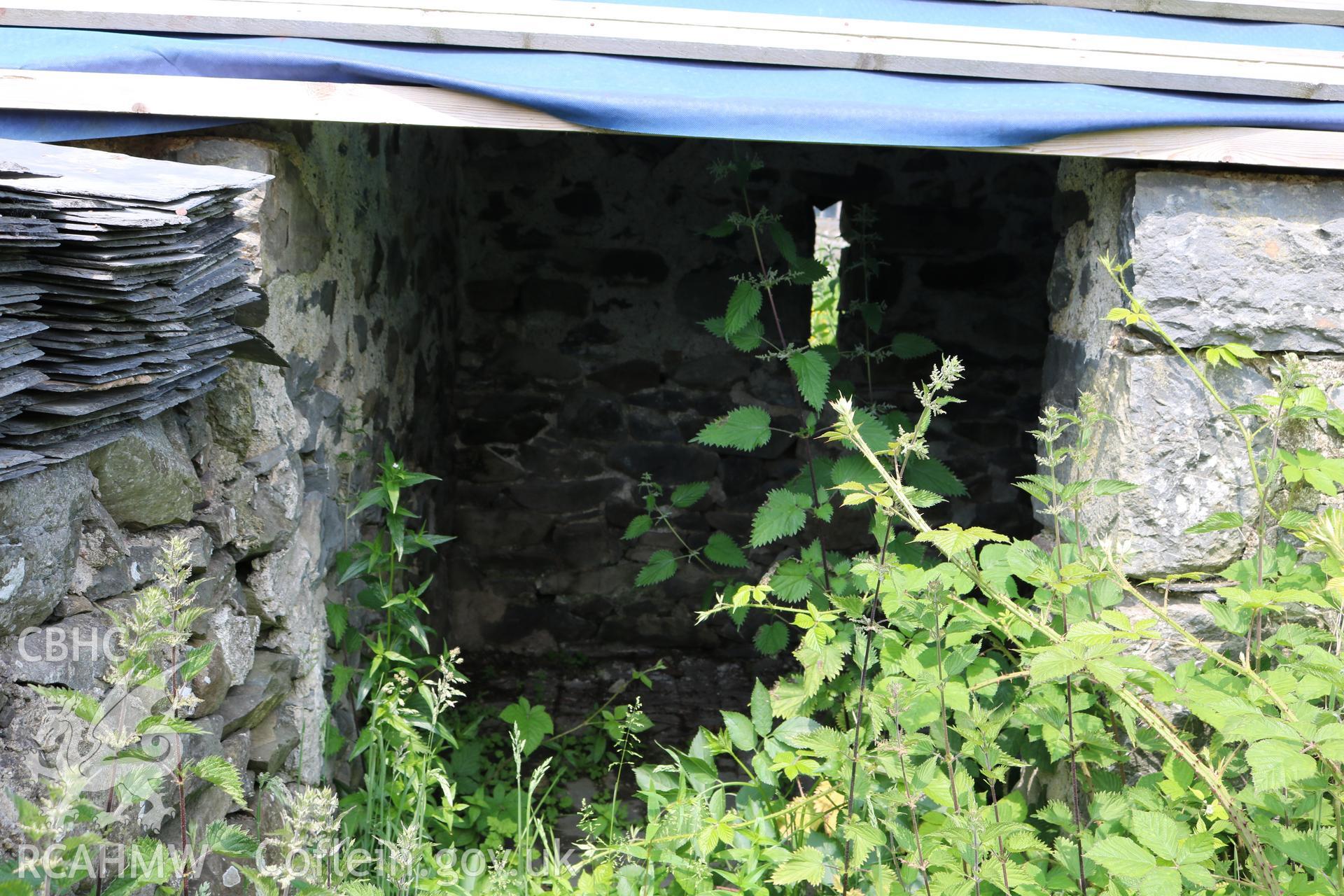 Photograph showing exterior view of pigsties, at Maes yr Hendre, taken by Dr Marian Gwyn, 6th July 2016. (Original Reference no. 0212)