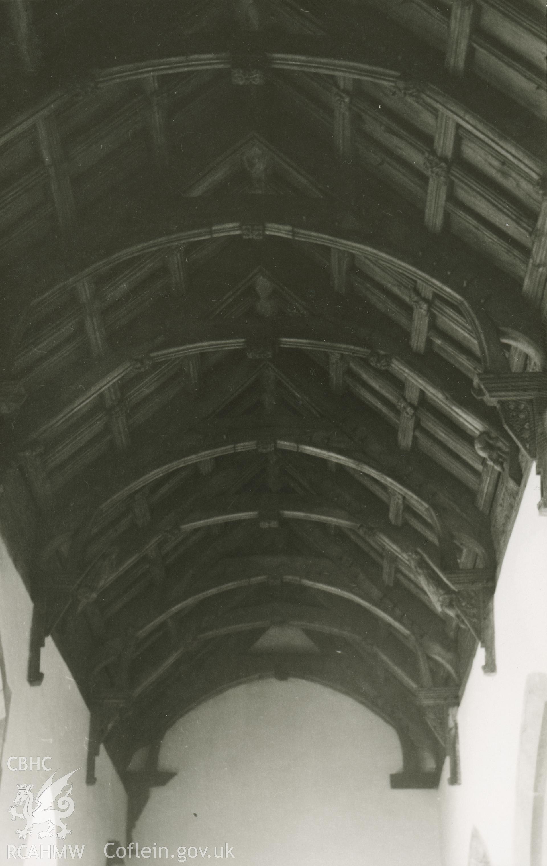 Digital copy of of a black and white photo showing the north aisle roof at St Collen's Church taken by P.G.M. Dickinson, c.1965