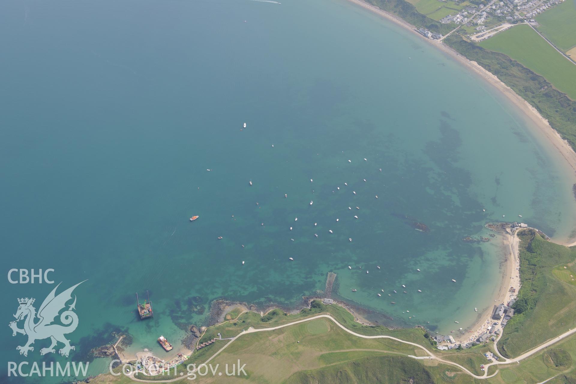 Lifeboat House, Lighthouse, Old Pier and Trwyn Porth Dinllaen Promontory Enclosure, and Porth Dinllaen & Morfa Nefyn villages. Oblique aerial photograph taken during RCAHMW?s programme of archaeological aerial reconnaissance by Toby Driver, 12th July 2013.