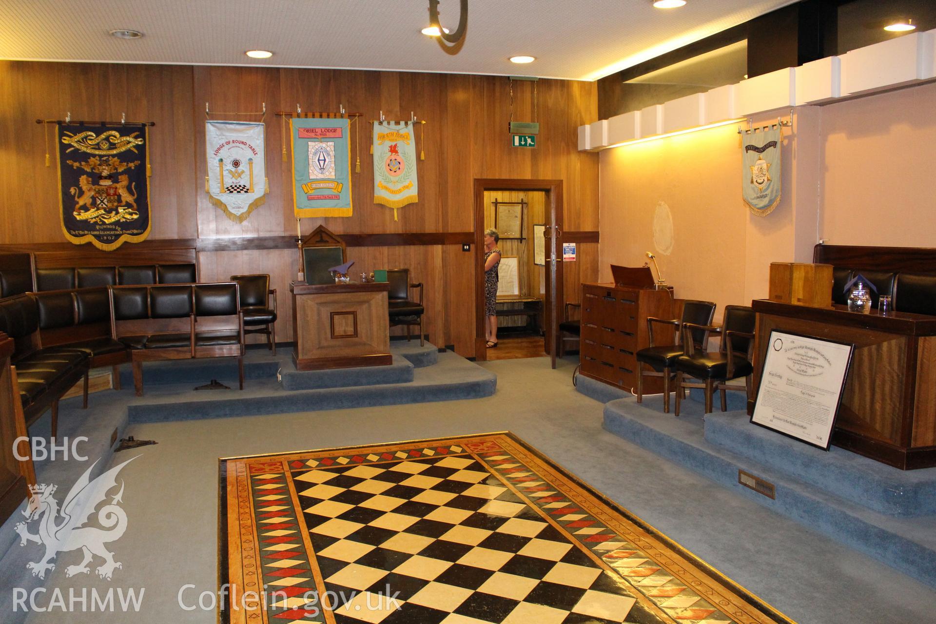 Interior view showing decorative floor at former United Free Methodist Church, now a Masonic Temple, in Cardiff. Photograph taken during survey conducted by Sue Fielding of the RCAHMW, 11th March 2019.