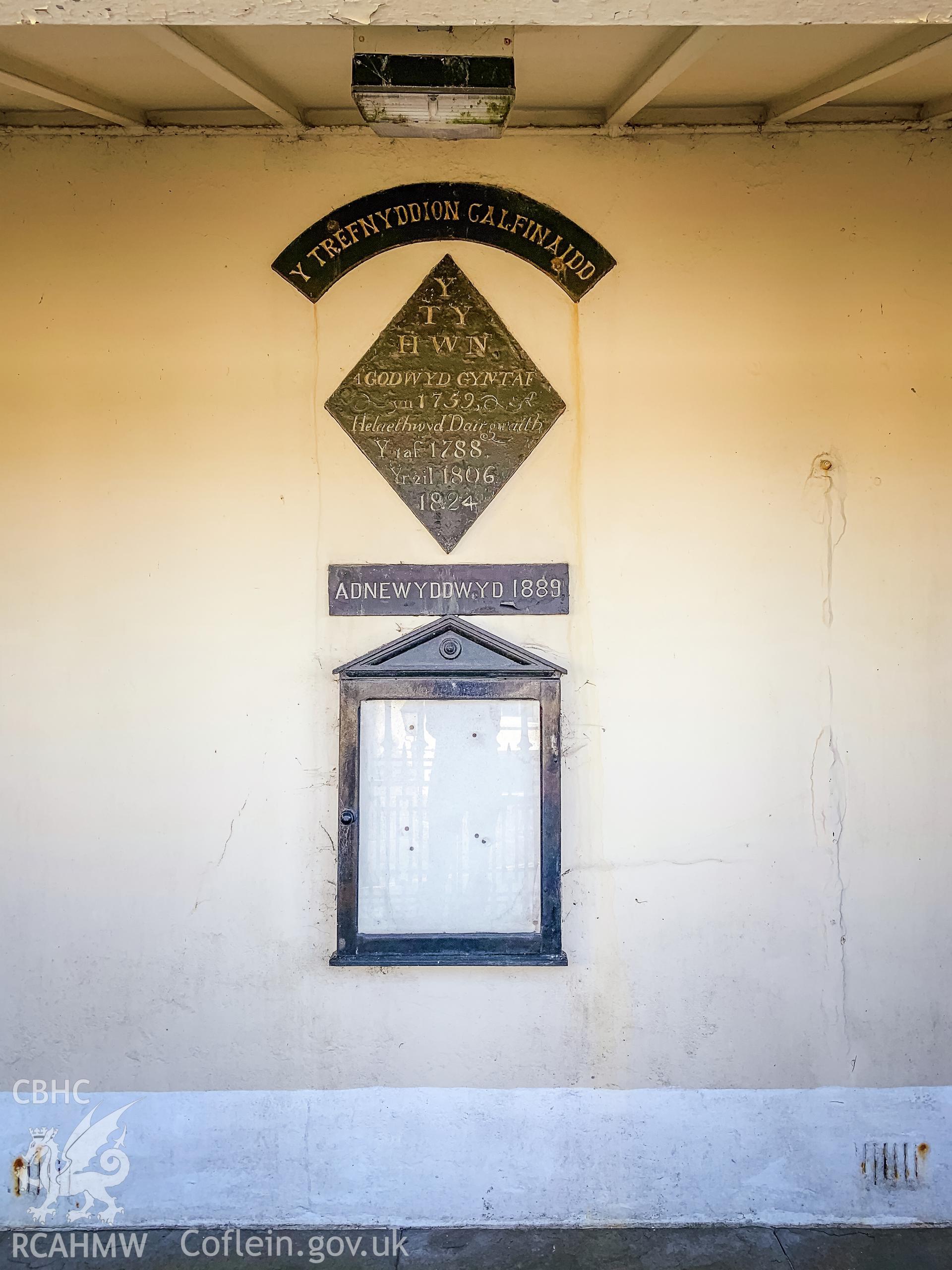 Digital colour photograph showing detailed view of date stones at Pentower Chapel, Fishguard, dated 2019. Photographed by Grace Elliott to meet a condition attached to a planning application.