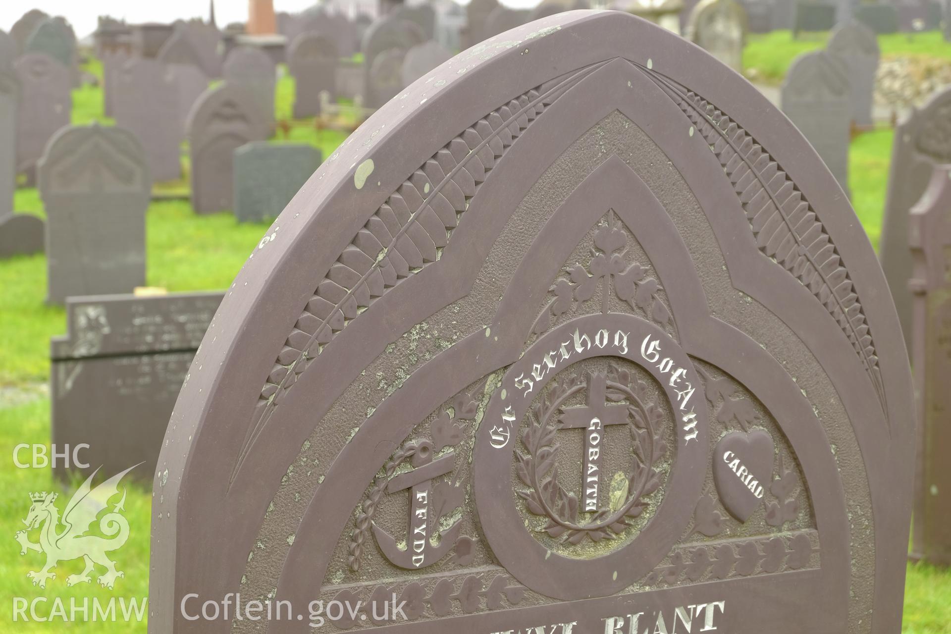 Colour photograph showing detail of slate headstone in Macpela Cemetery, Deiniolen, produced by Richard Hayman 7th March 2017