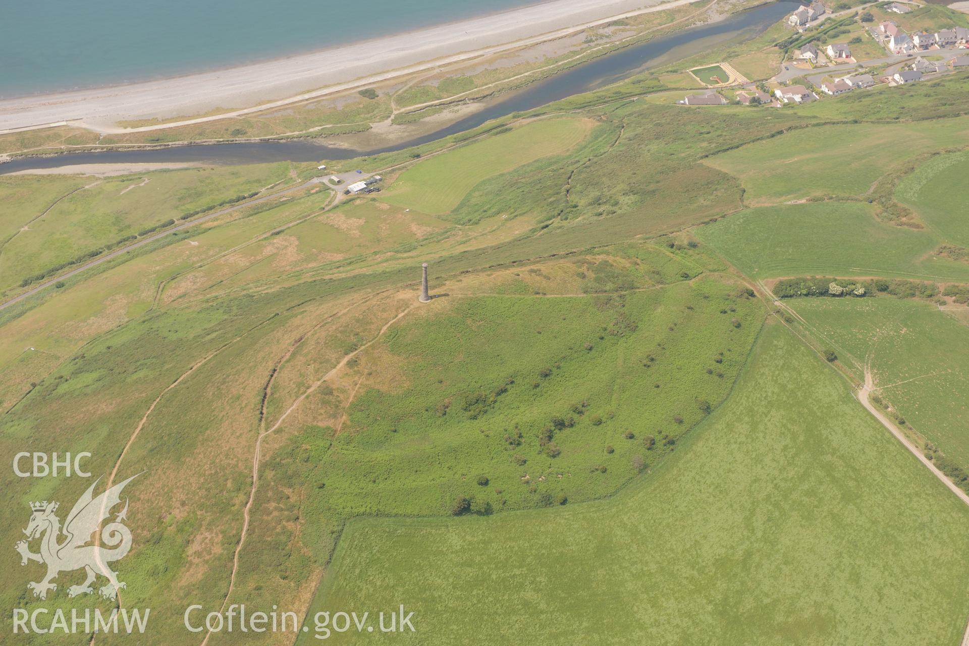 The Wellington Monument at Pendinas Hillfort, Aberystwyth. Oblique aerial photograph taken during the Royal Commission?s programme of archaeological aerial reconnaissance by Toby Driver on 12th July 2013.