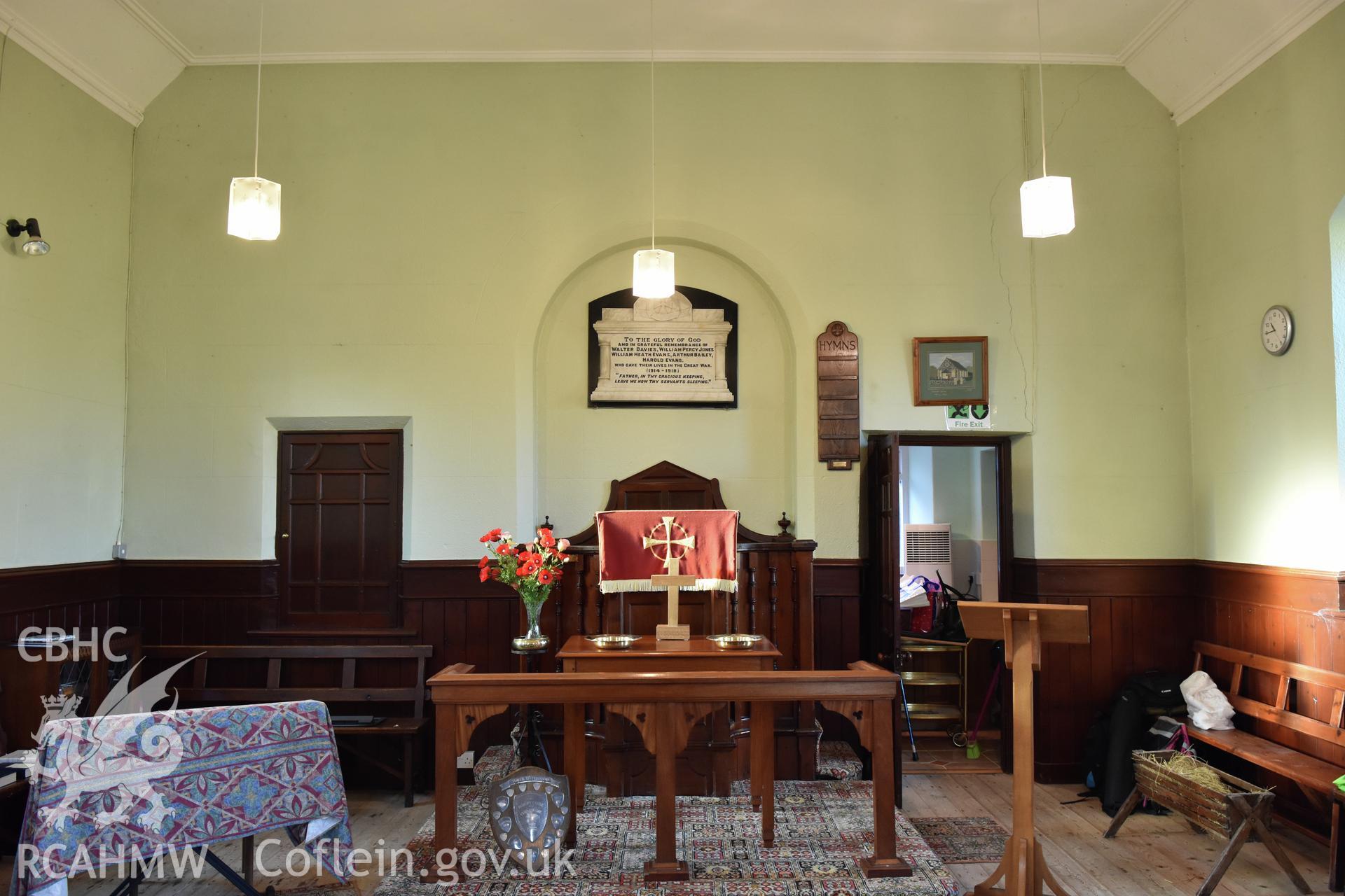 Interior view of Hyssington Primitive Methodist Chapel, Hyssington, Churchstoke, looking towards the front of the chapel with straw-filled manger to the right. Photographic survey conducted by Sue Fielding on 7th December 2018.