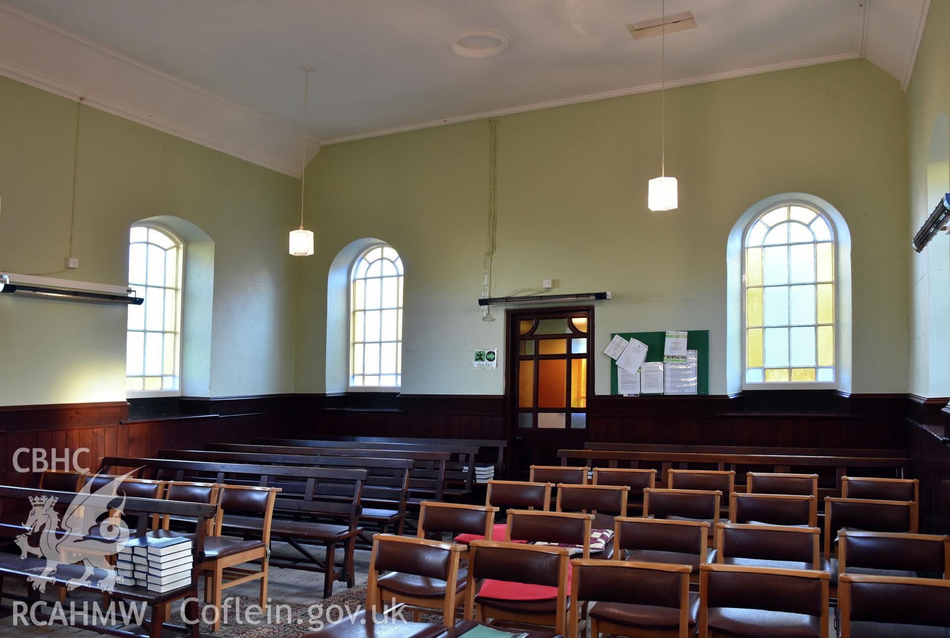 Interior view of Hyssington Primitive Methodist Chapel, Hyssington, Churchstoke, looking towards the rear of the chapel. Photographic survey conducted by Sue Fielding on 7th December 2018.