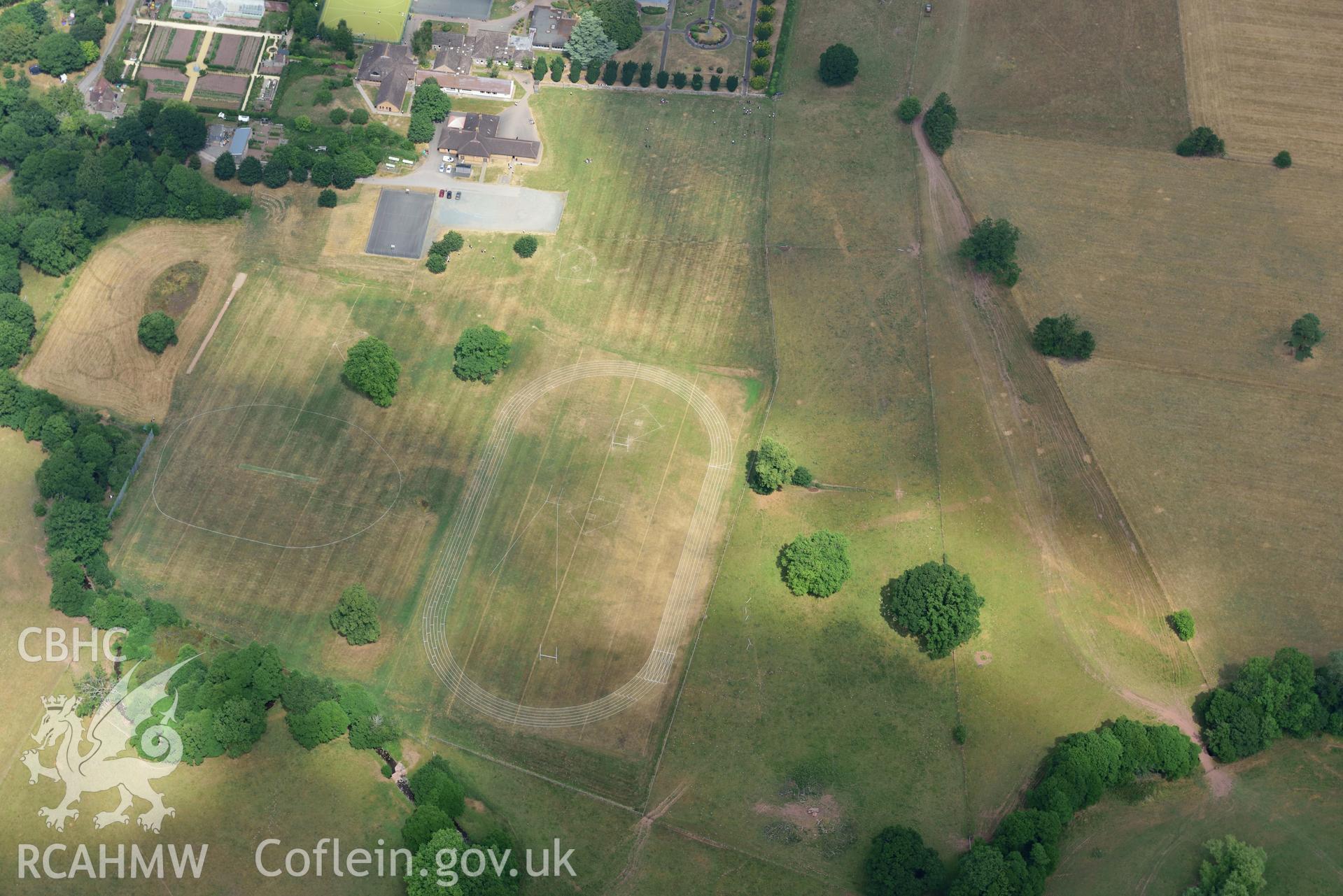 Royal Commission aerial photography of Three Cocks Roman fort taken on 19th July 2018 during the 2018 drought.