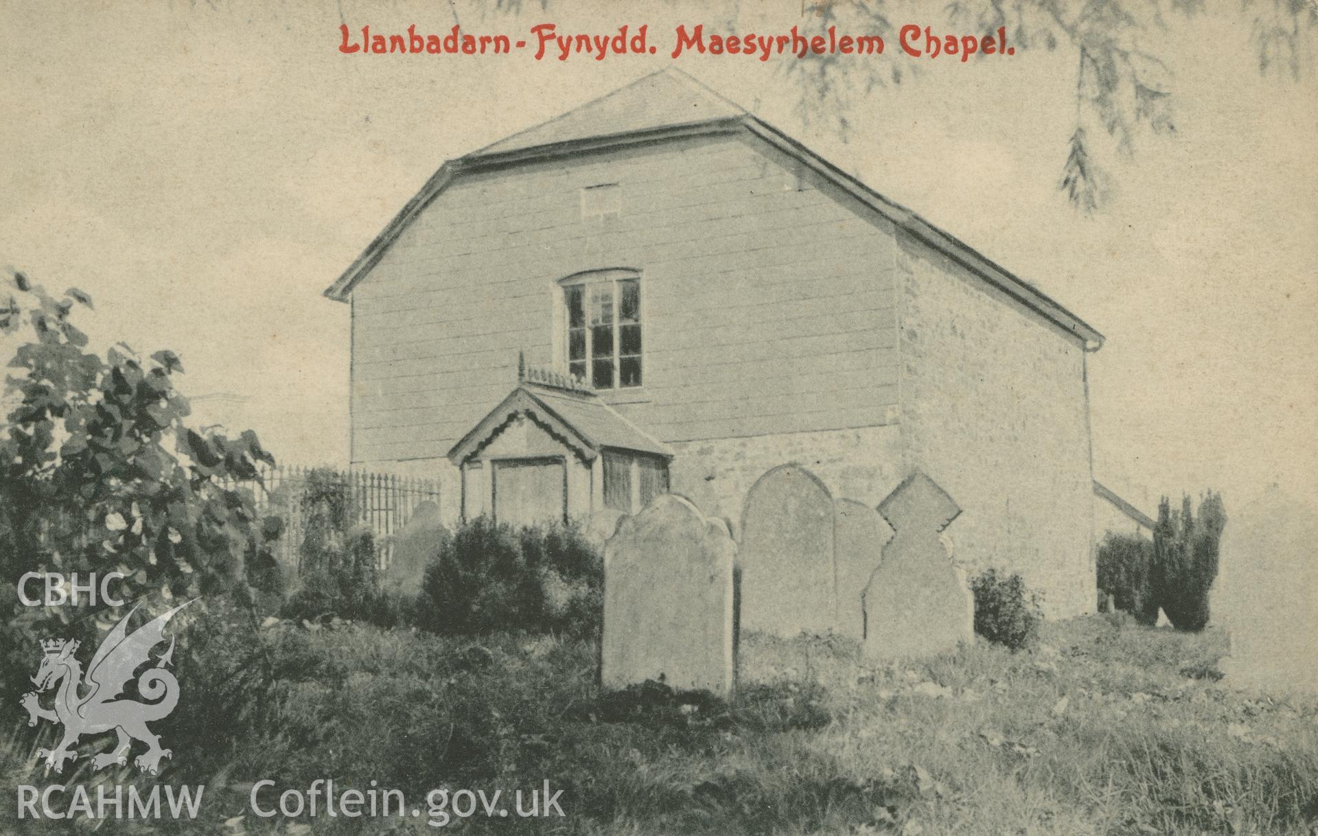 Digital copy of monochrome postcard showing exterior view of Maesyrhelem English Baptist church, Llanbadarn Fynydd. Produced by Park, Newtown, Mid Wales. Loaned for copying by Thomas Lloyd.