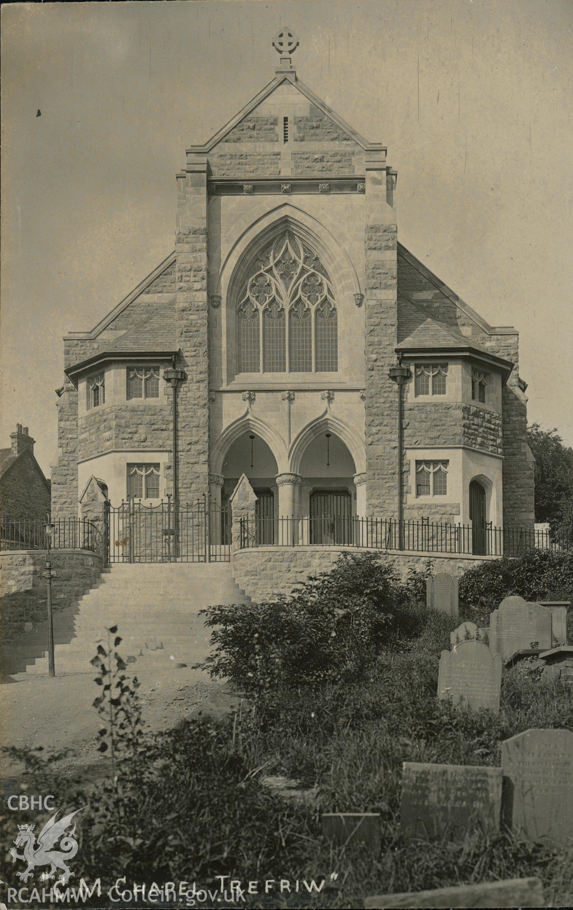 Digital copy of monochrome postcard showing exterior view of Peniel Welsh Calvinistic Methodist chapel, Gwydir Road, Trefriw, Conwy. Loaned for copying by Thomas Lloyd.