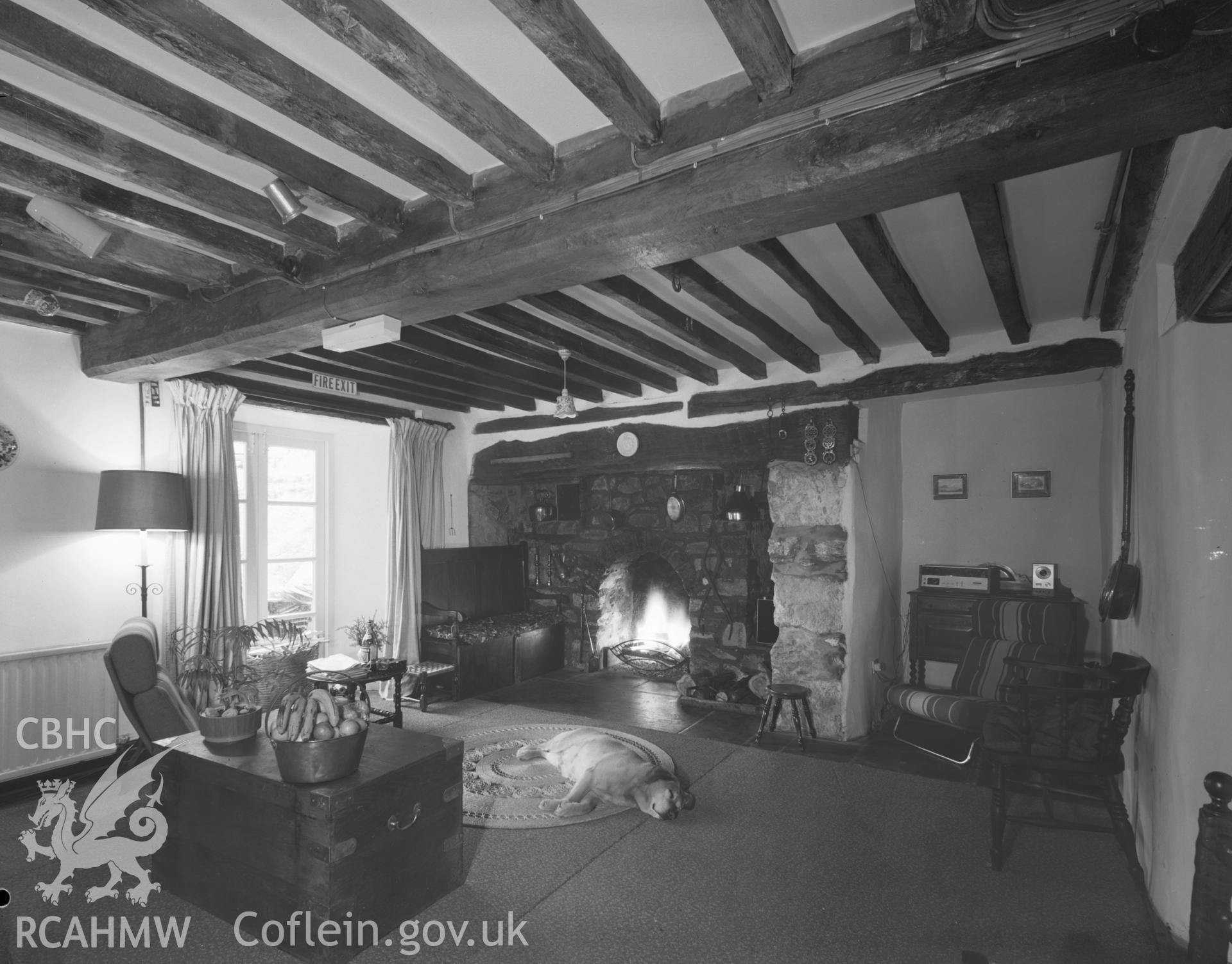 Digital copy of an acetate negative showing ceiling beams and fireplace at Hywel Ddu, Merioneth.