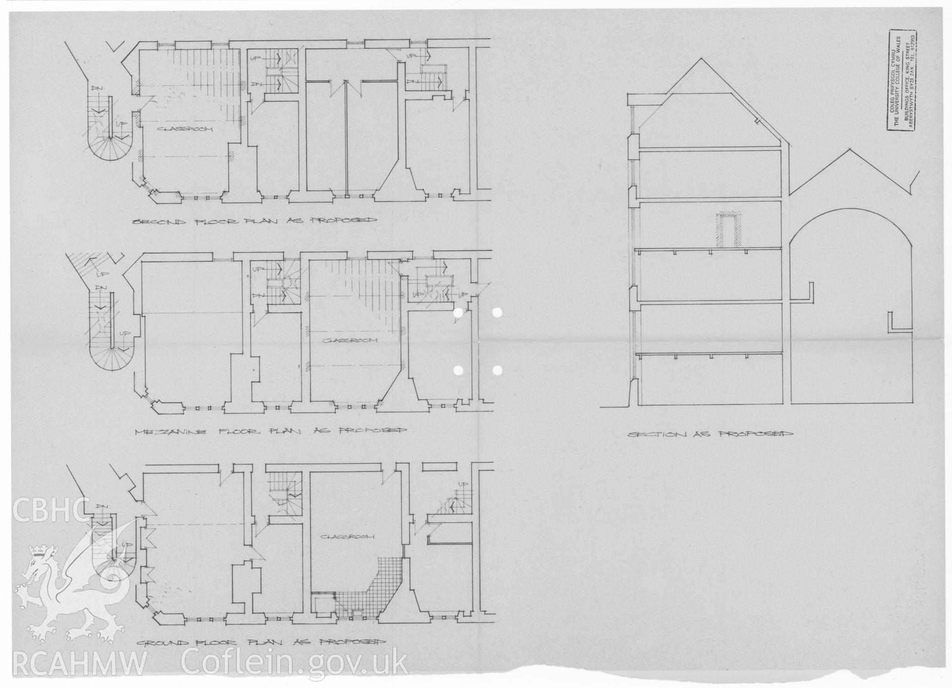 Digital copy of measured drawing of Yr Hen Goleg, Aberystwyth from Threatened Buildings Collection.