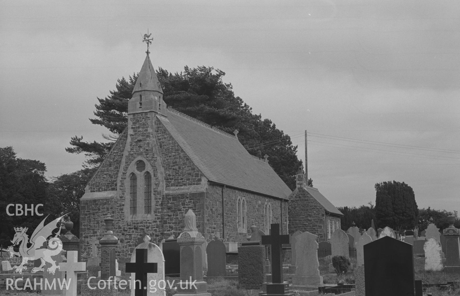 Digital copy of a black and white negative showing exterior view of St. David's Church and graveyard, Henfynyw, Aberaeron. Photographed by Arthur O. Chater on 5th September 1966 looking north east from Grid Reference SN 447 613.