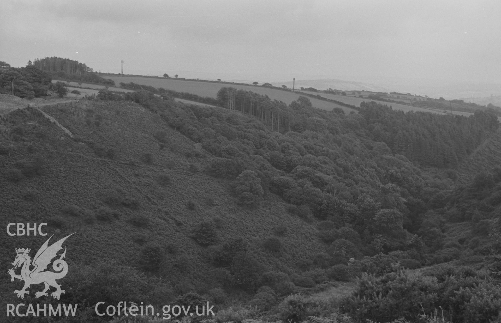 Digital copy of a black and white negative showing panoramic view of Carn Wen iron age camp, the Nant Cloigen and Pen-y-Graig farm, 2.3km east of Ffostrasol. Photographed by Arthur O. Chater in August 1967. (Looking north east - south from Grid Reference SN 394 471). [Photo 3 of 4]