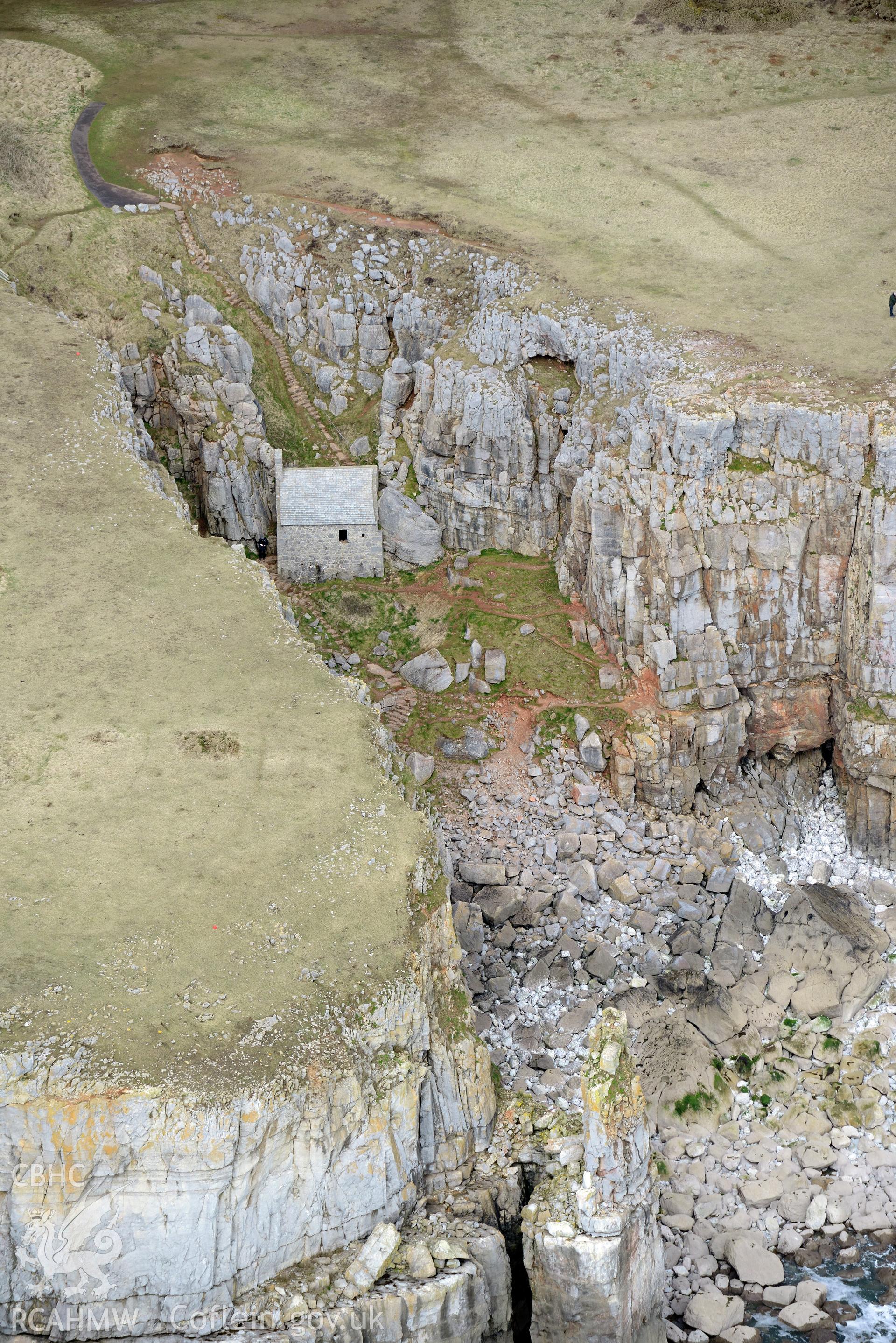St Govan's Chapel. Baseline aerial reconnaissance survey for the CHERISH Project. ? Crown: CHERISH PROJECT 2018. Produced with EU funds through the Ireland Wales Co-operation Programme 2014-2020. All material made freely available through the Open Government Licence.