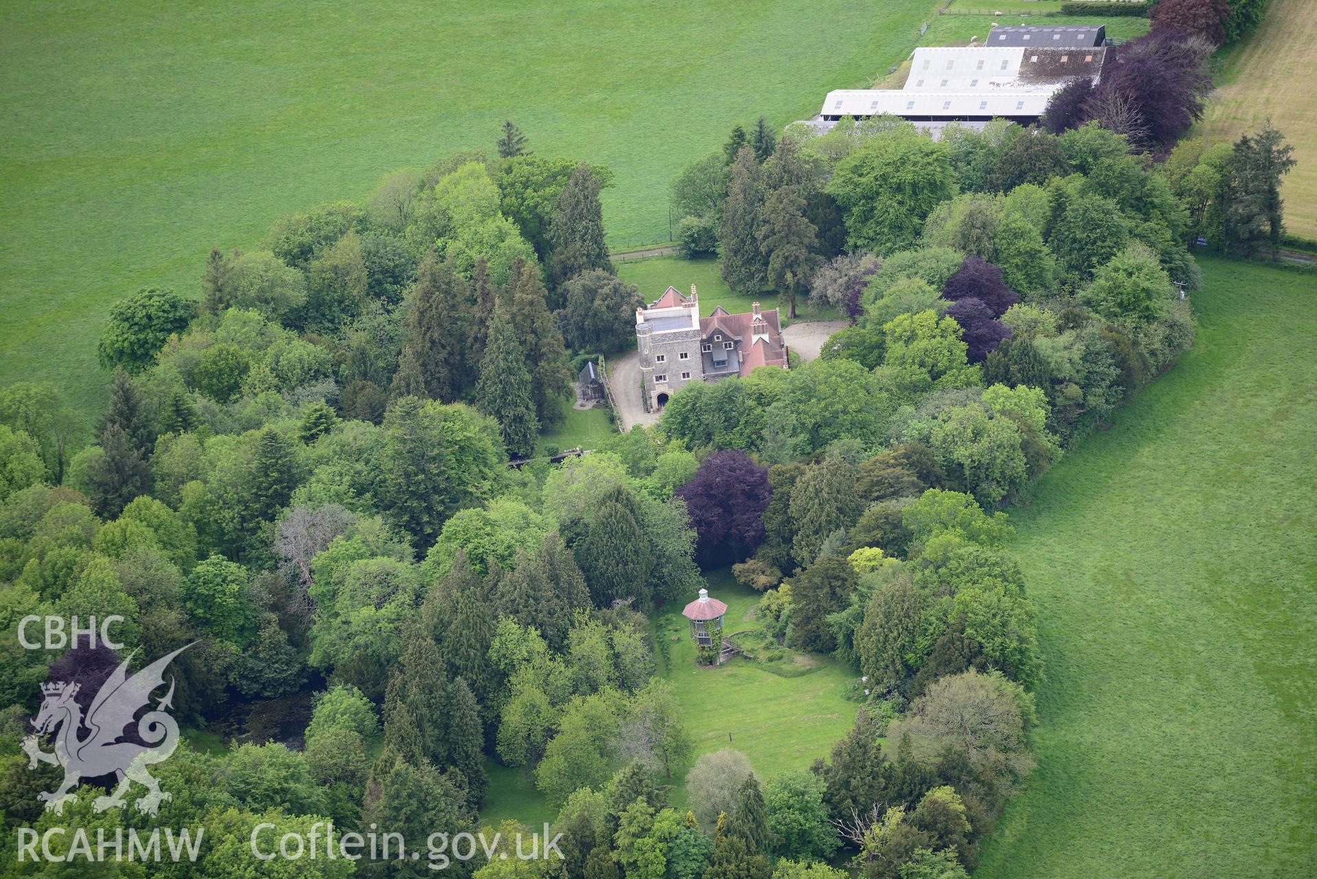 Maes-y-Crugiau Manor and Gardens, Llanllwni. Oblique aerial photograph taken during the Royal Commission's programme of archaeological aerial reconnaissance by Toby Driver on 3rd June 2015.