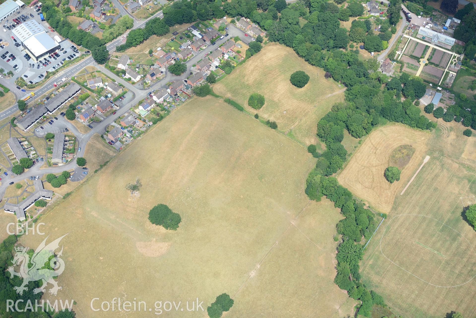 Royal Commission aerial photography of Three Cocks Roman fort taken on 19th July 2018 during the 2018 drought.