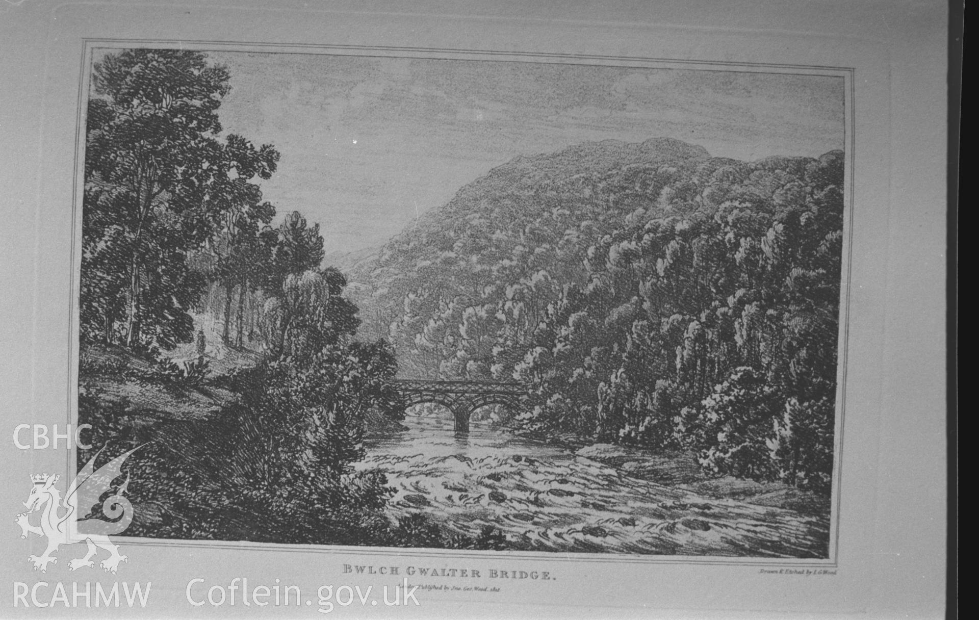 'Bwlch Gwalter Bridge' drawn and engraved by J. G. Woods, c.1810. Photographed by Arthur O. Chater in January 1968 for his own private research.