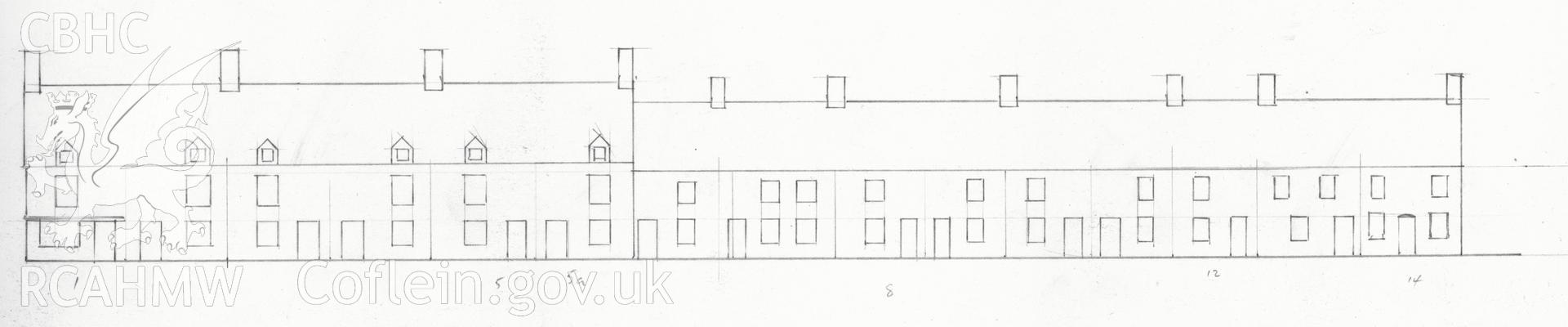 Digital copy of a sketch showing houses on Tramroad Side, Georgetown, 1977 by A.J.Parkinson.