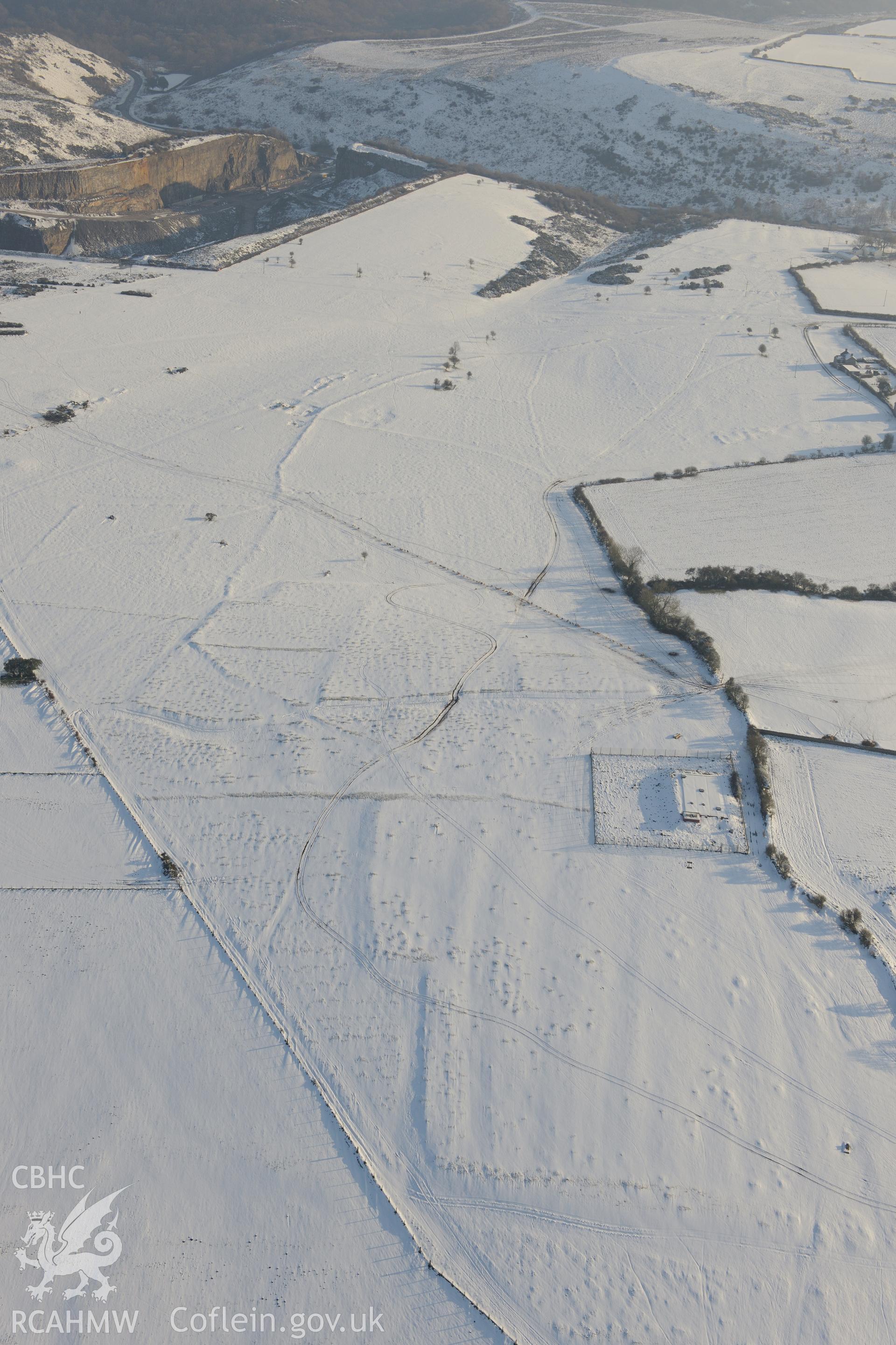 Beacons Down field system, St Brides Major, south west of Bridgend. Oblique aerial photograph taken during the Royal Commission?s programme of archaeological aerial reconnaissance by Toby Driver on 24th January 2013.