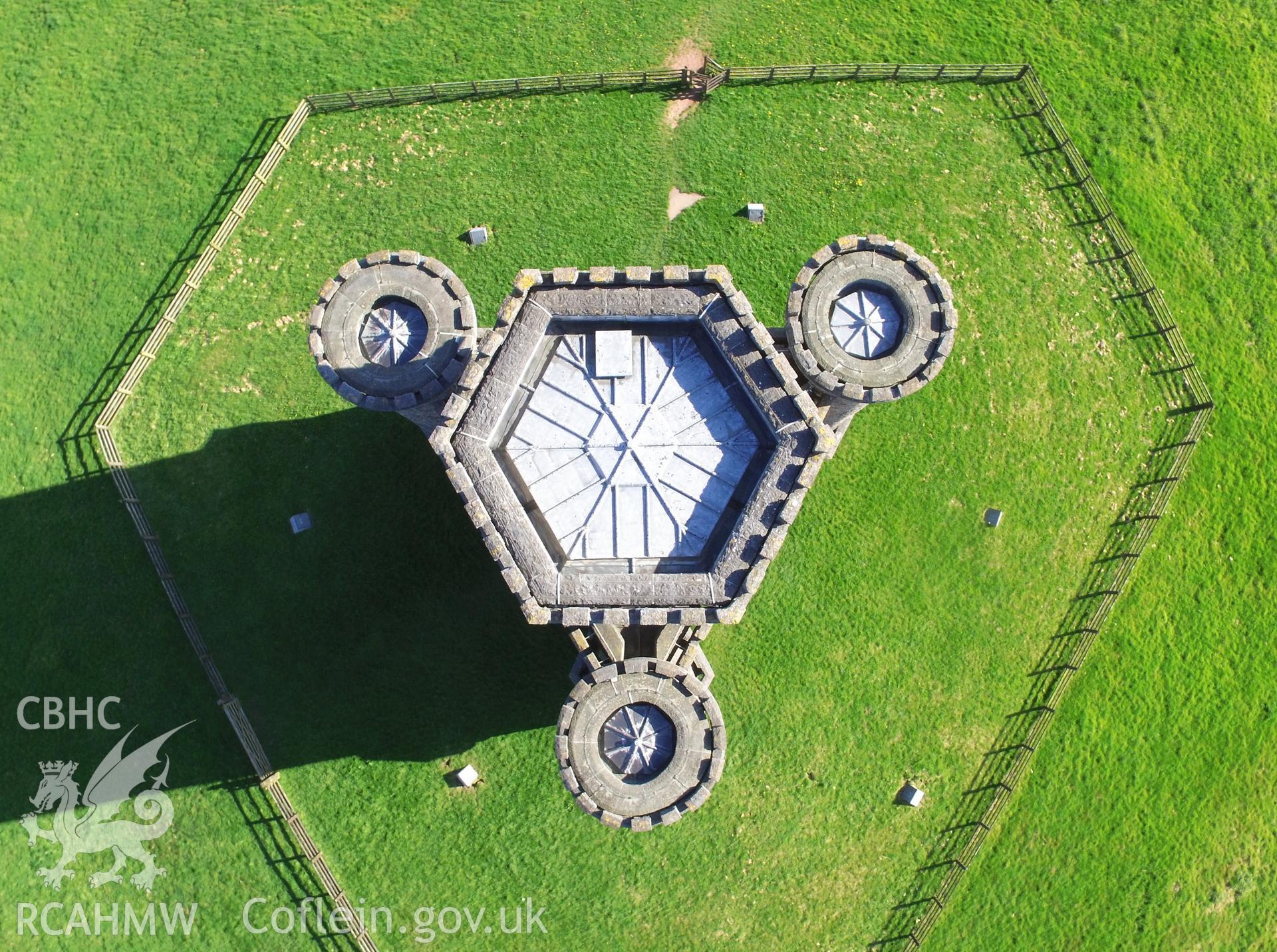 Colour photo showing aerial view of Nelson's Tower near Middleton Hall, Llanarthney, taken by Paul R. Davis, 6th May 2018.