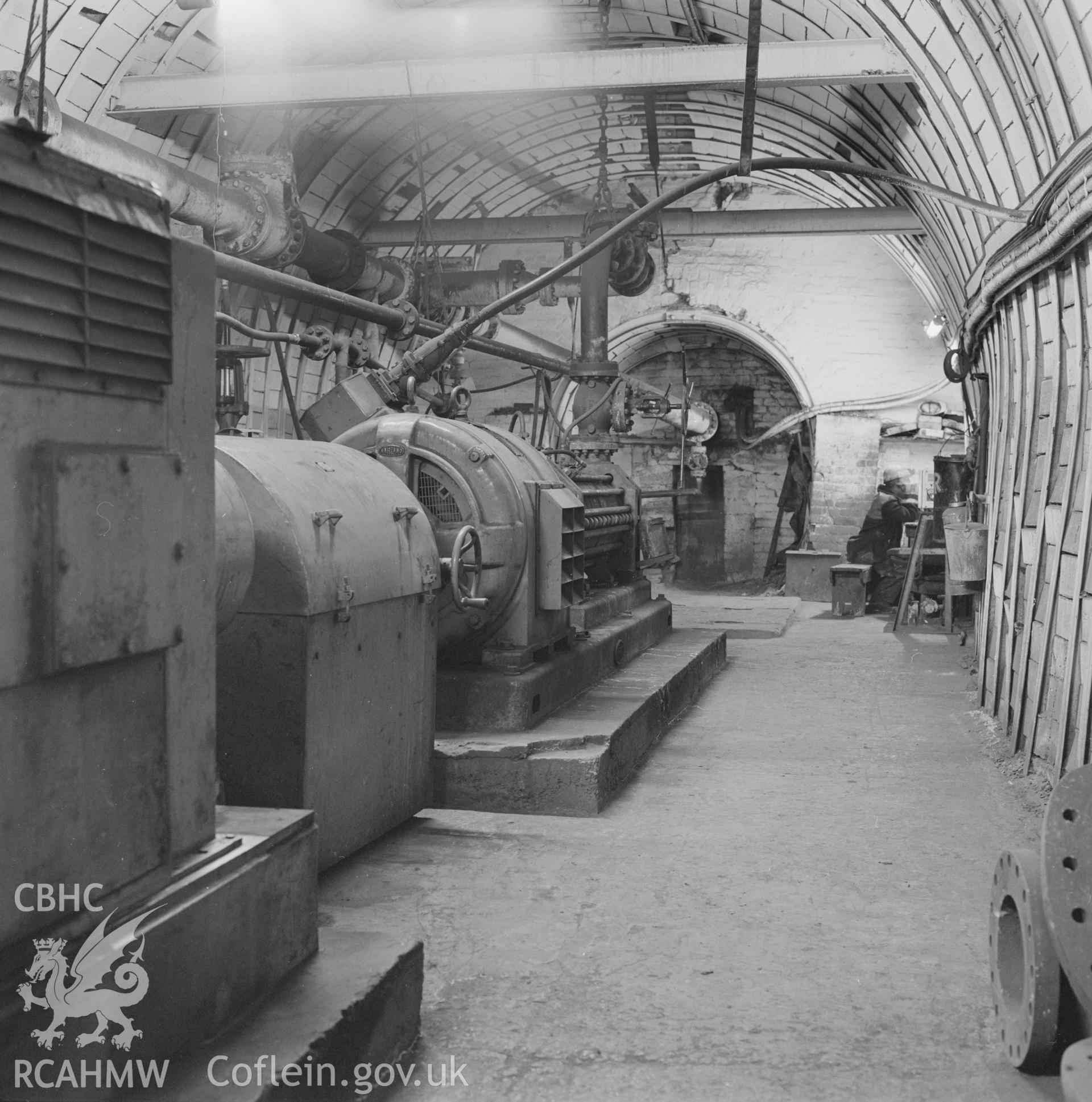 Digital copy of an acetate negative showing pump house near pit bottom at Taff Colliery, from the John Cornwell Collection.