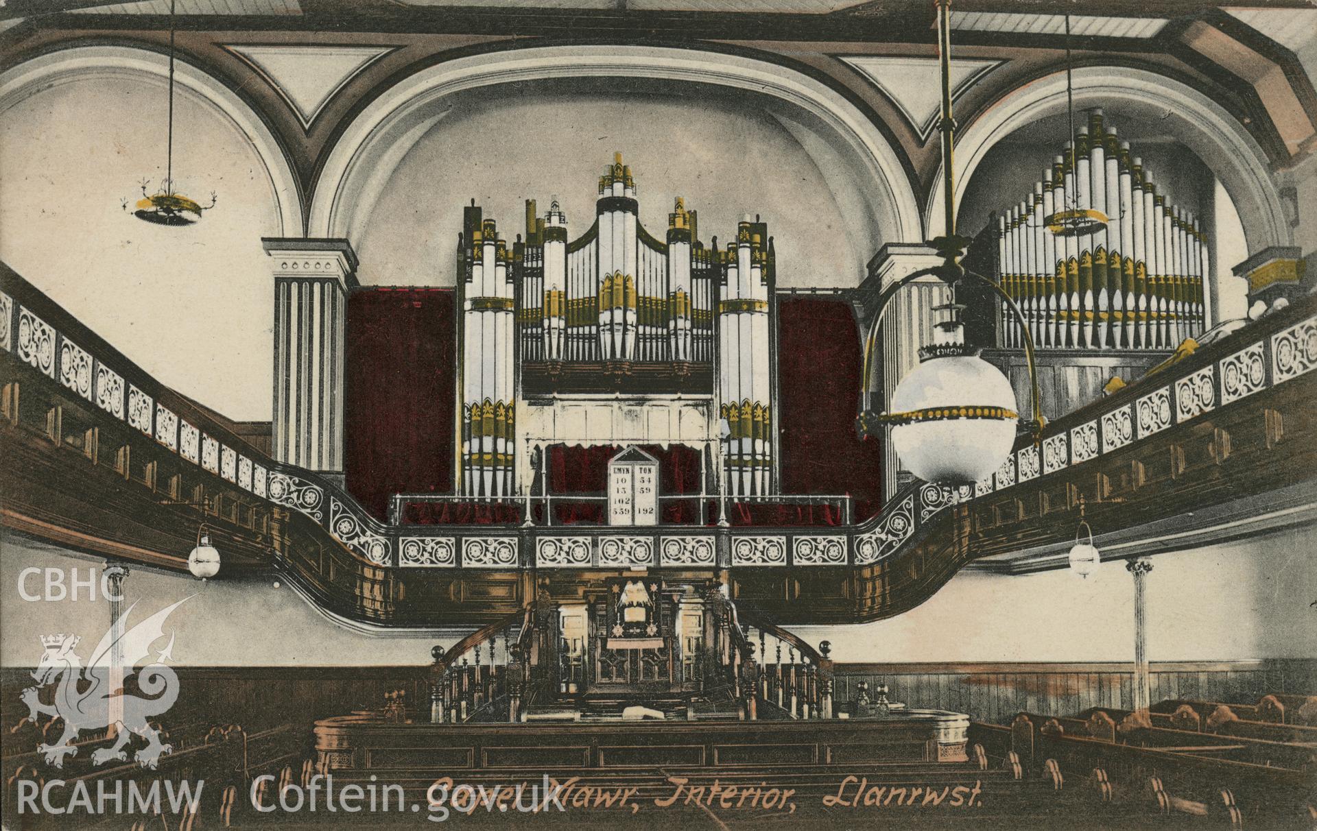 Digital copy of colour postcard showing interior view of Seion Welsh Calvinistic Methodist chapel, Station Road, Llanrwst. Baur's series, no. 2516. Loaned for copying by Thomas Lloyd.